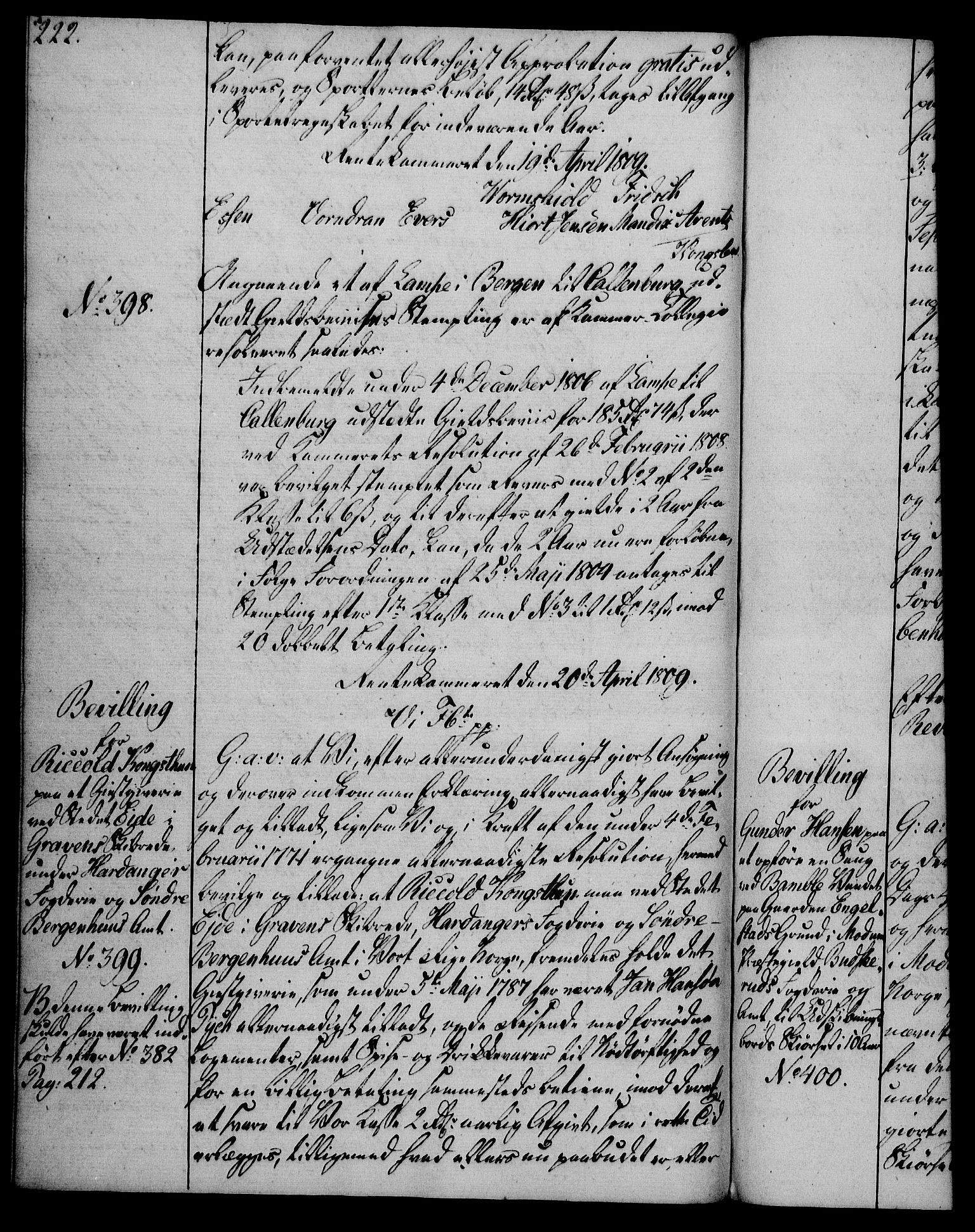 Rentekammeret, Kammerkanselliet, AV/RA-EA-3111/G/Gg/Gga/L0019: Norsk ekspedisjonsprotokoll med register (merket RK 53.19), 1807-1810, p. 222