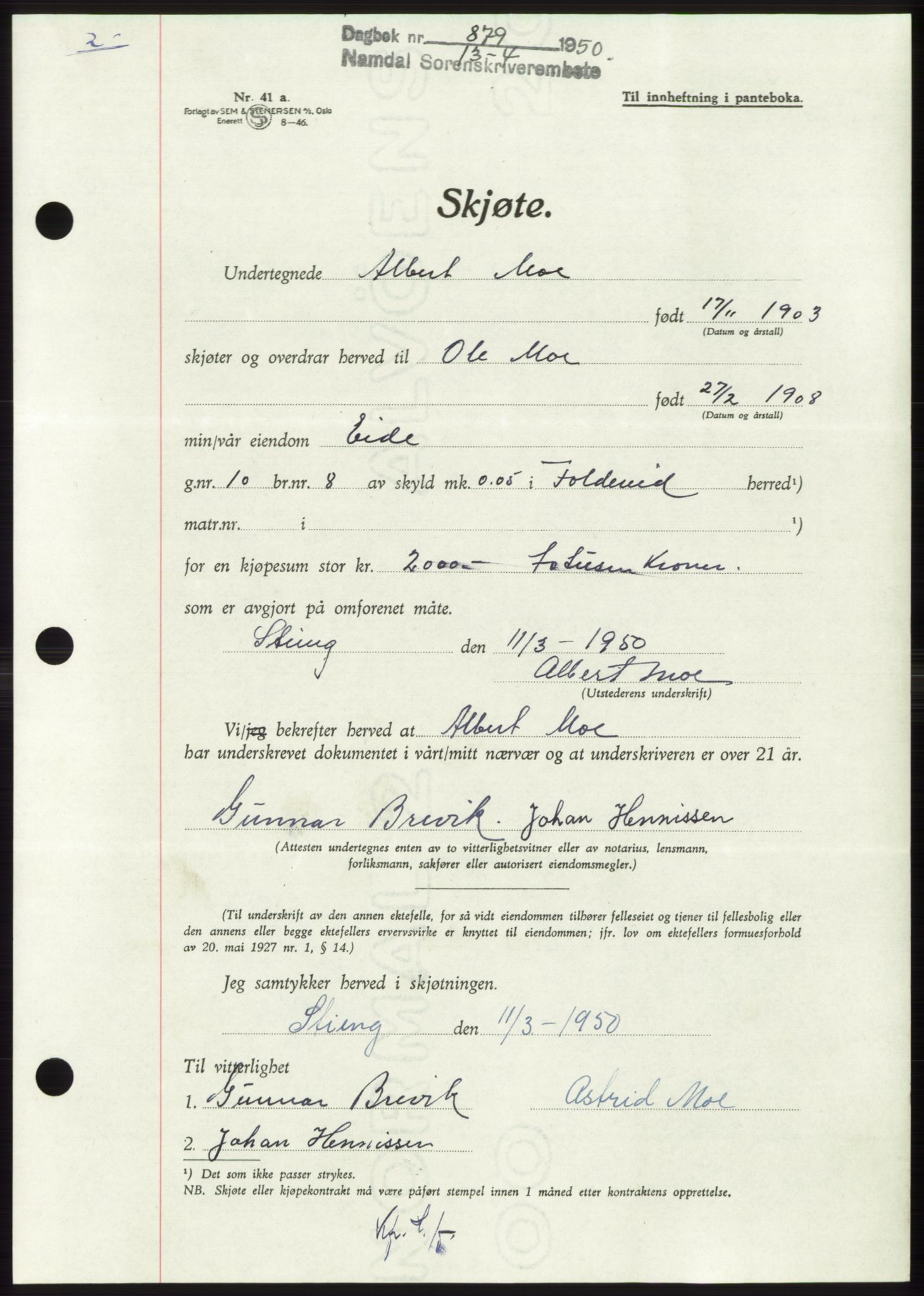 Namdal sorenskriveri, AV/SAT-A-4133/1/2/2C: Mortgage book no. -, 1950-1950, Diary no: : 879/1950