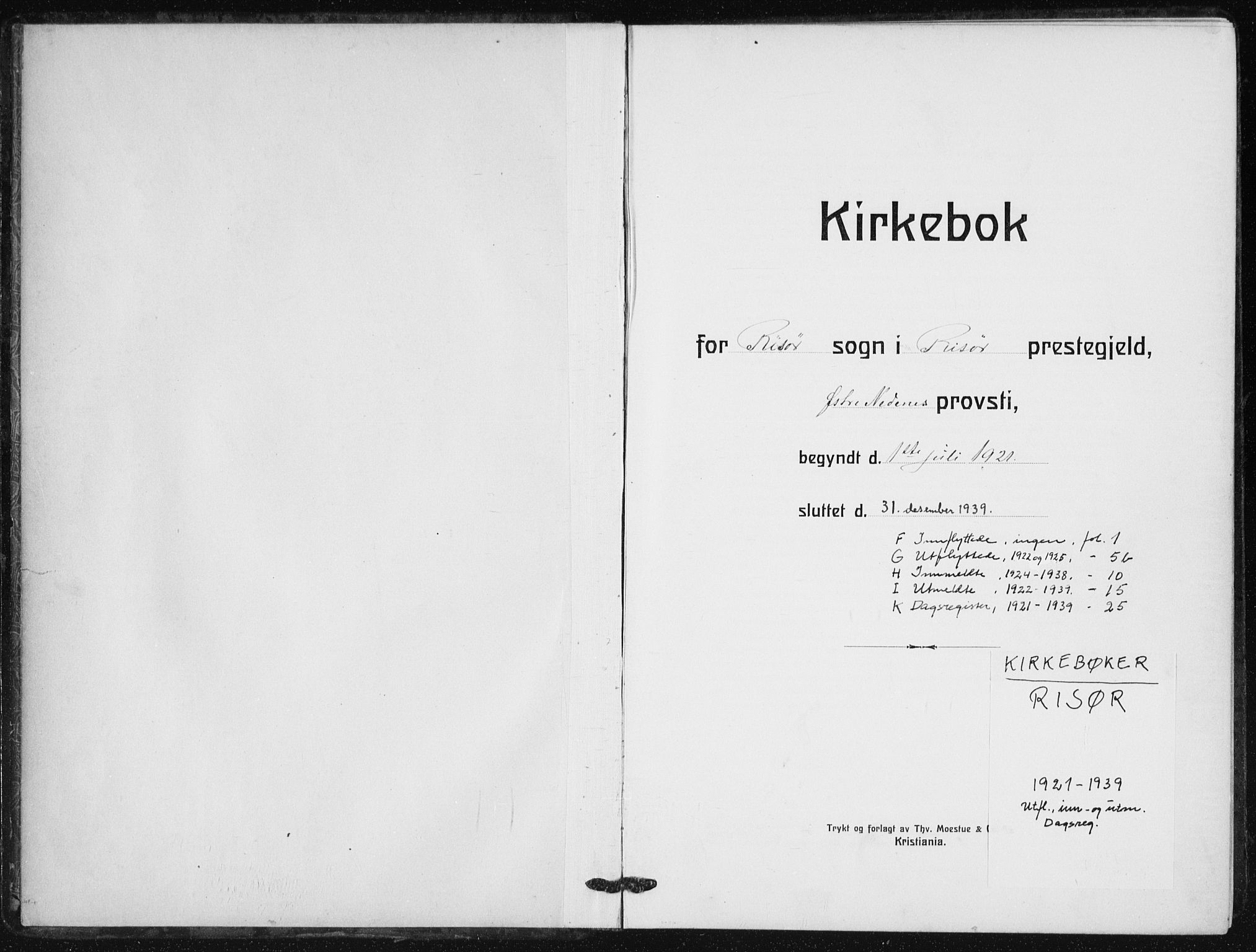 Risør sokneprestkontor, AV/SAK-1111-0035/F/Fa/L0008: Parish register (official) no. A 8, 1922-1939