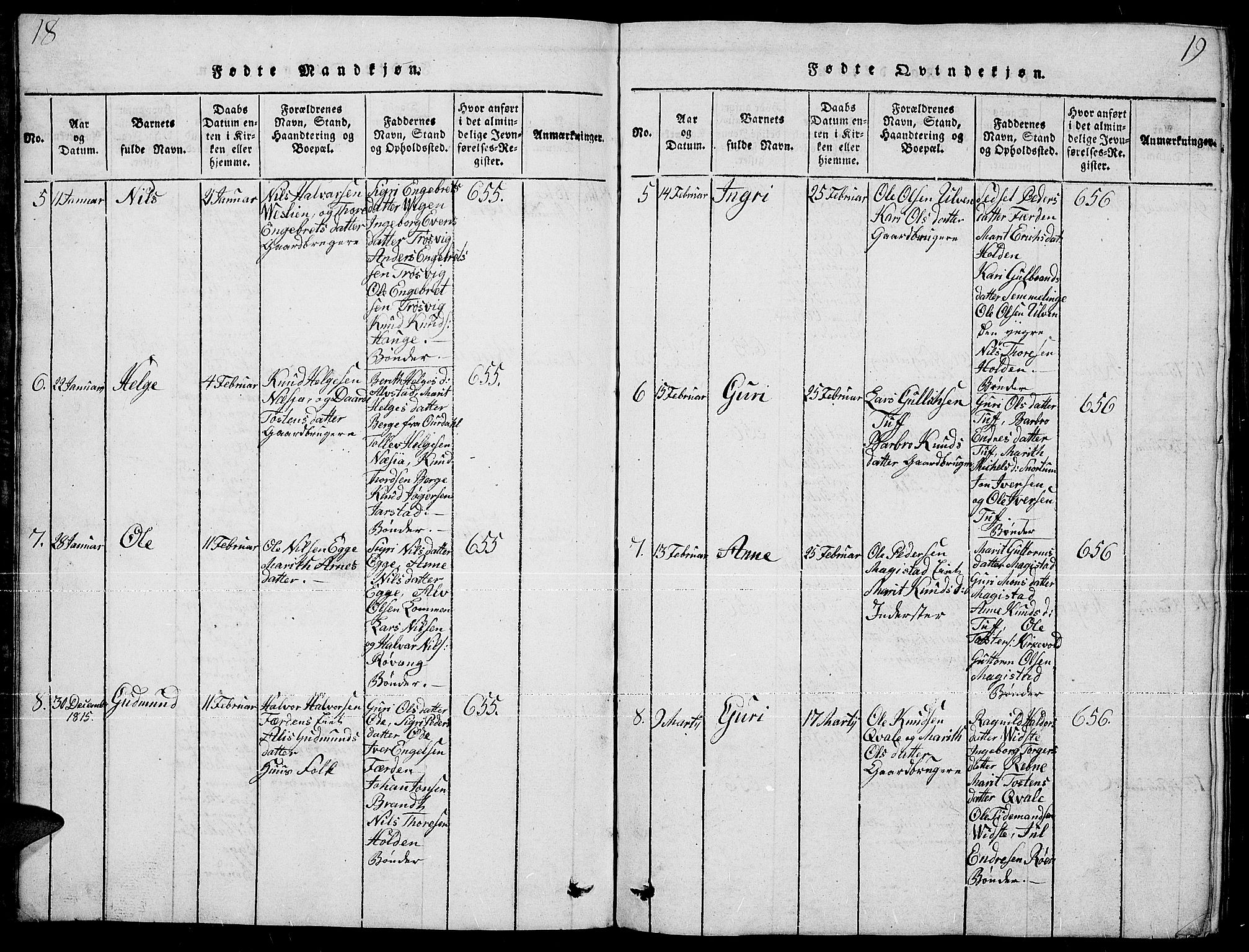 Slidre prestekontor, AV/SAH-PREST-134/H/Ha/Hab/L0001: Parish register (copy) no. 1, 1814-1838, p. 18-19