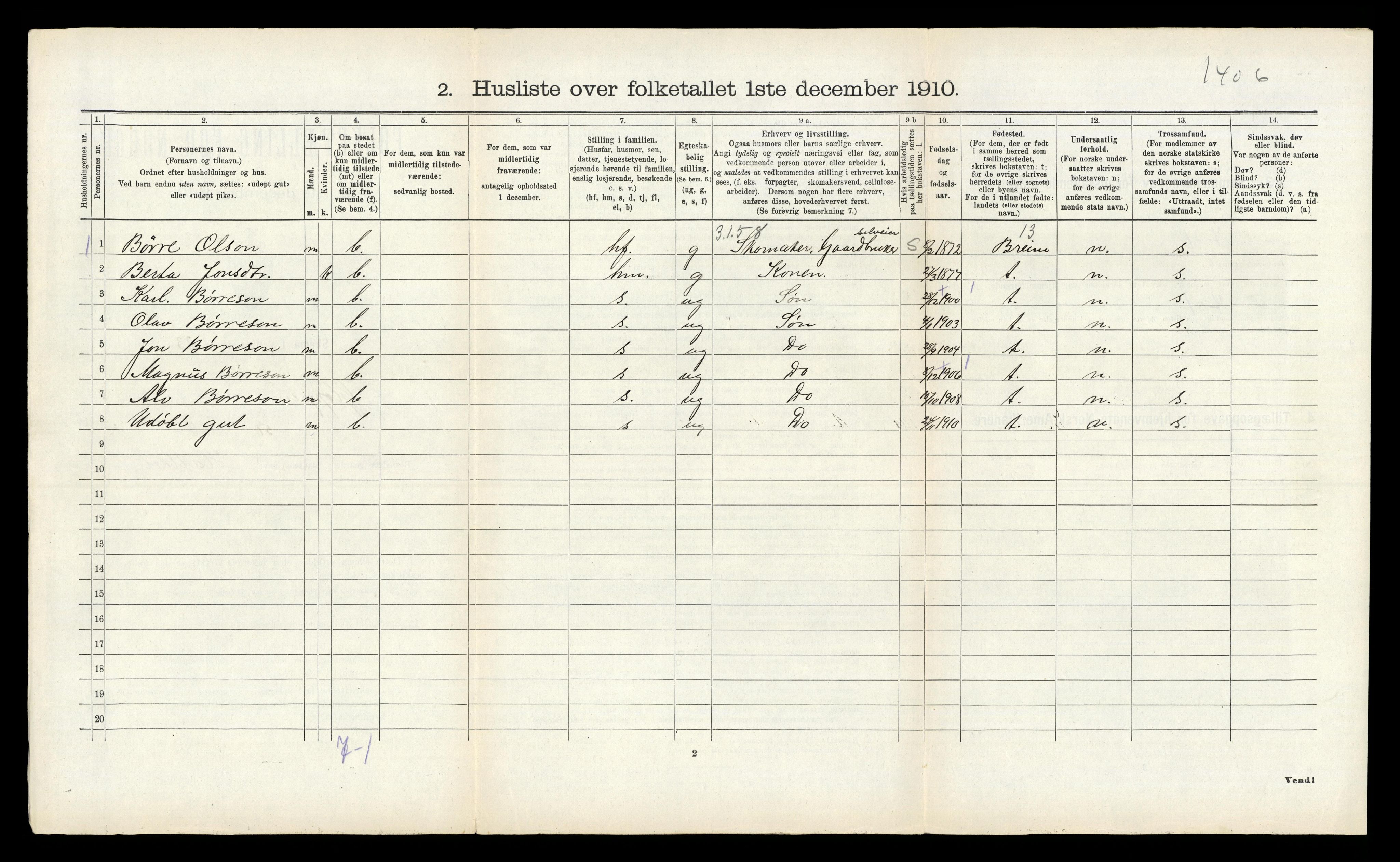 RA, 1910 census for Gloppen, 1910, p. 657