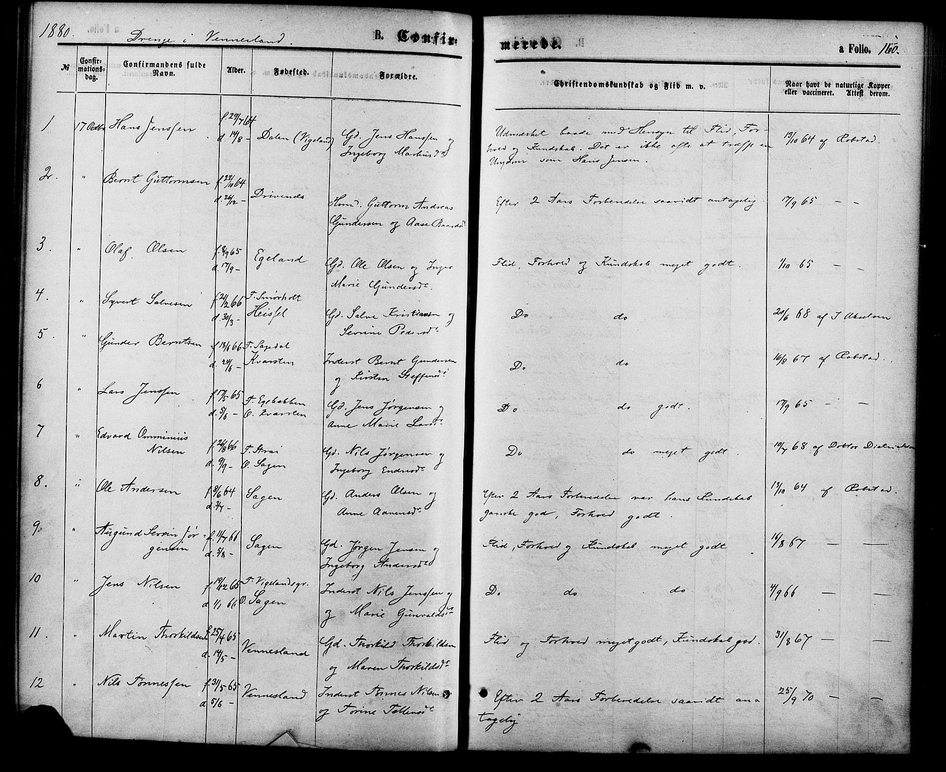 Vennesla sokneprestkontor, AV/SAK-1111-0045/Fa/Fac/L0008: Parish register (official) no. A 8, 1874-1883, p. 160