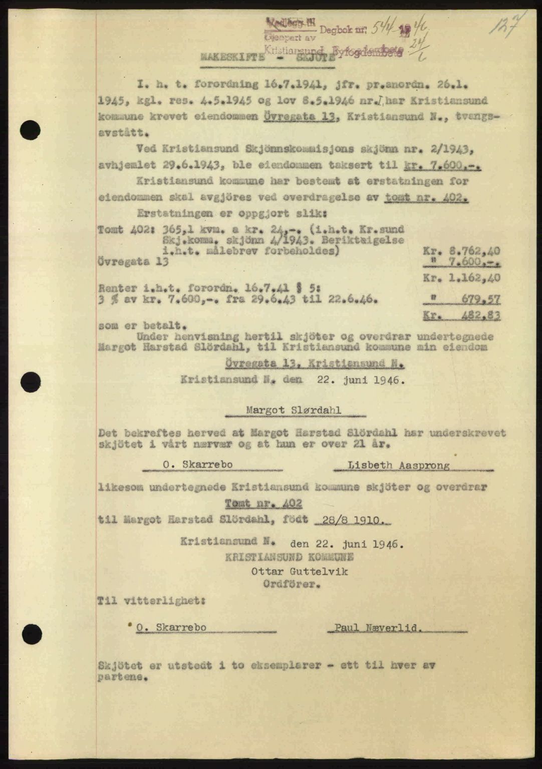 Kristiansund byfogd, AV/SAT-A-4587/A/27: Mortgage book no. 39b, 1946-1947, Diary no: : 544/1946