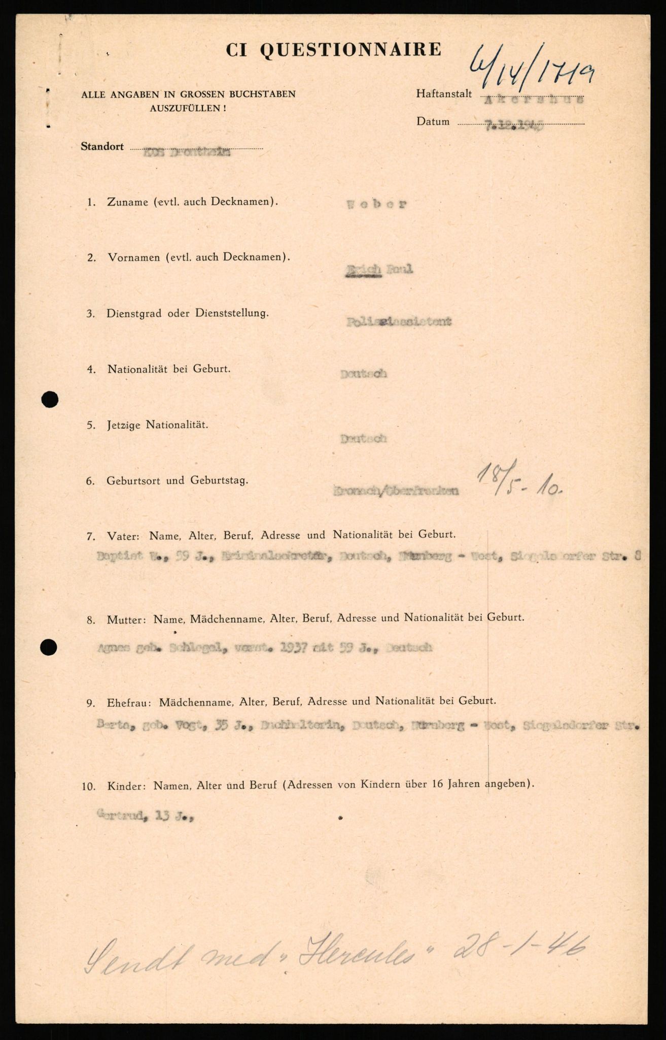 Forsvaret, Forsvarets overkommando II, AV/RA-RAFA-3915/D/Db/L0035: CI Questionaires. Tyske okkupasjonsstyrker i Norge. Tyskere., 1945-1946, p. 2