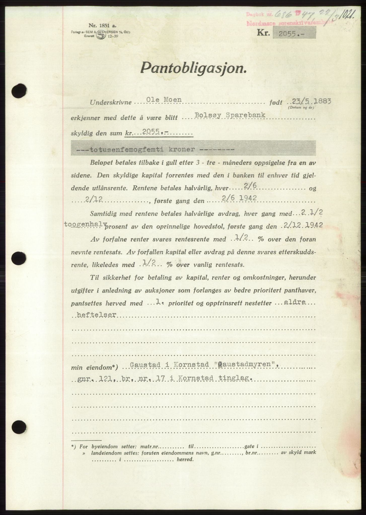 Nordmøre sorenskriveri, AV/SAT-A-4132/1/2/2Ca: Mortgage book no. B95, 1946-1947, Diary no: : 686/1947