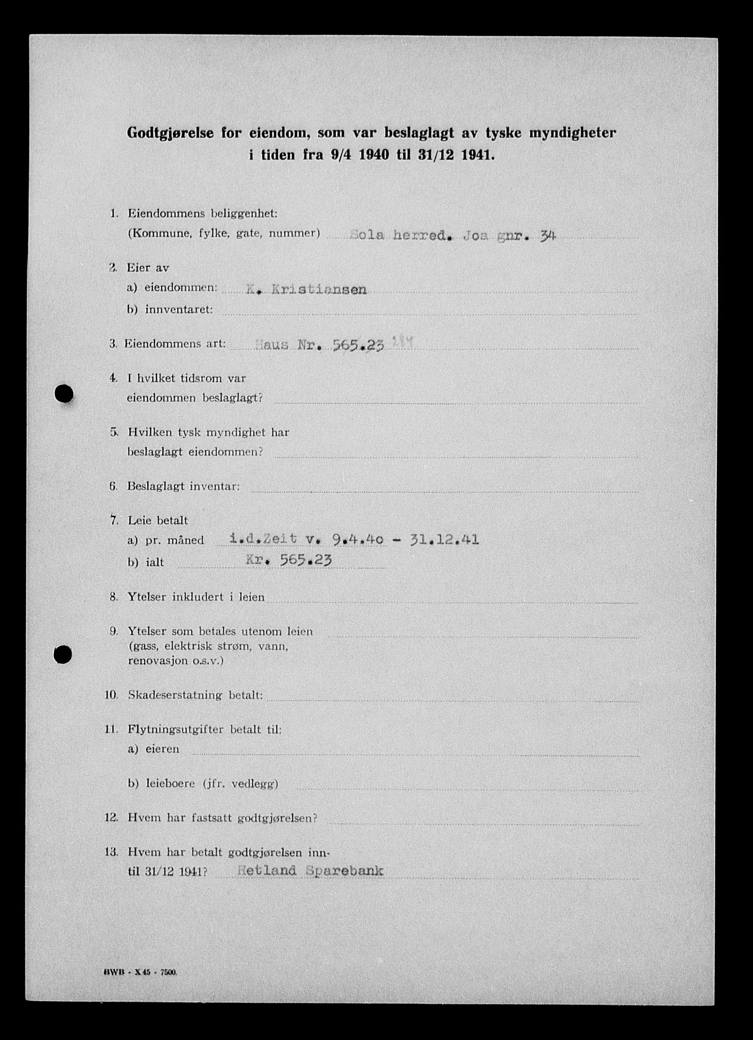 Justisdepartementet, Tilbakeføringskontoret for inndratte formuer, AV/RA-S-1564/I/L1014: Godtgjørelse for beslaglagt eiendom, 1940-1941, p. 466