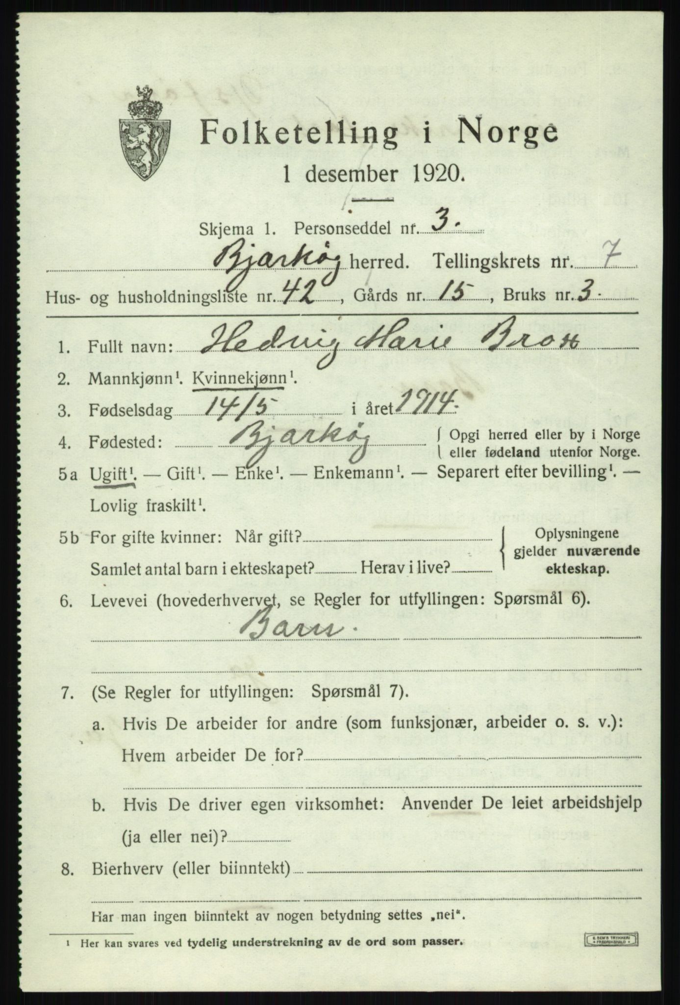 SATØ, 1920 census for Bjarkøy, 1920, p. 3443