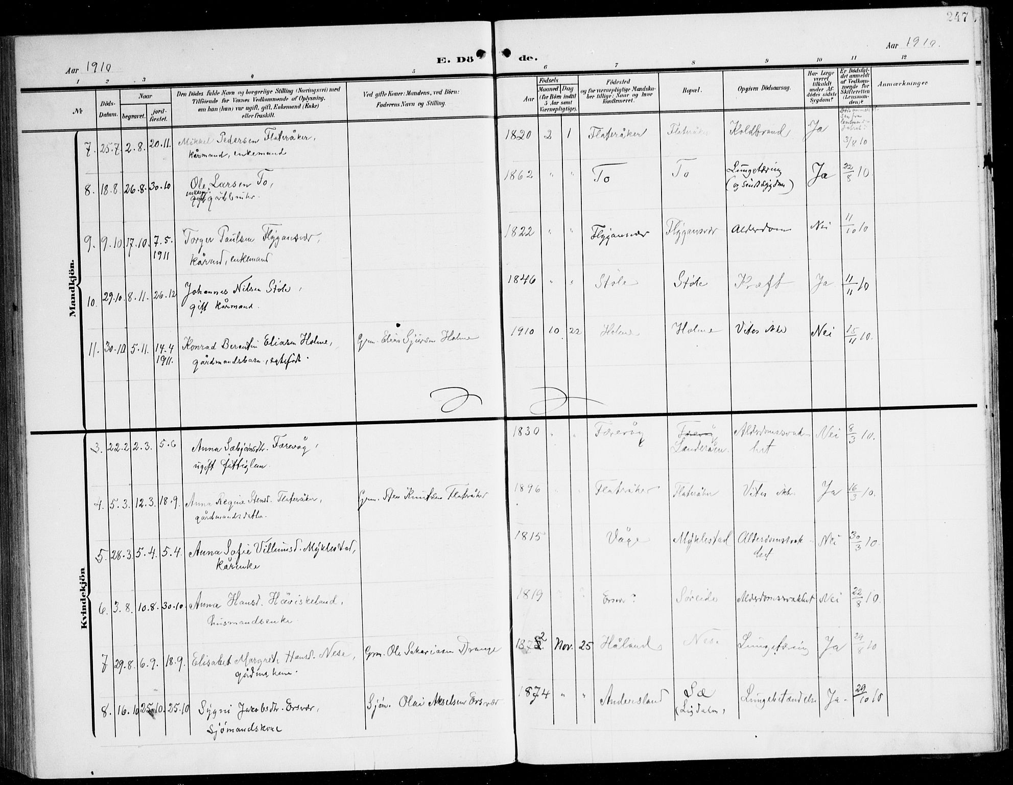 Tysnes sokneprestembete, AV/SAB-A-78601/H/Haa: Parish register (official) no. D 2, 1905-1922, p. 247