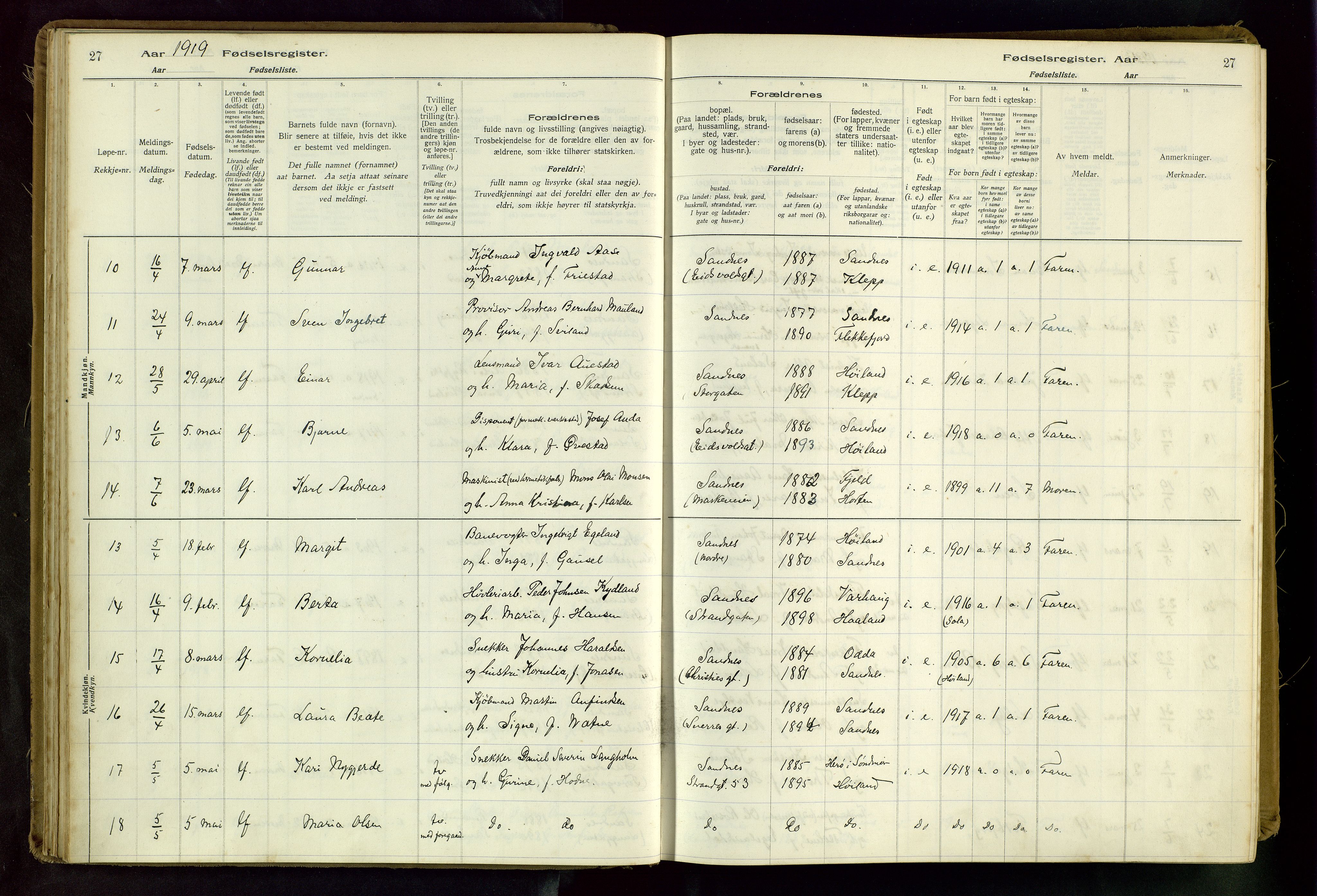 Sandnes sokneprestkontor, SAST/A-101800/704BA/L0001: Birth register no. 1, 1916-1942, p. 27