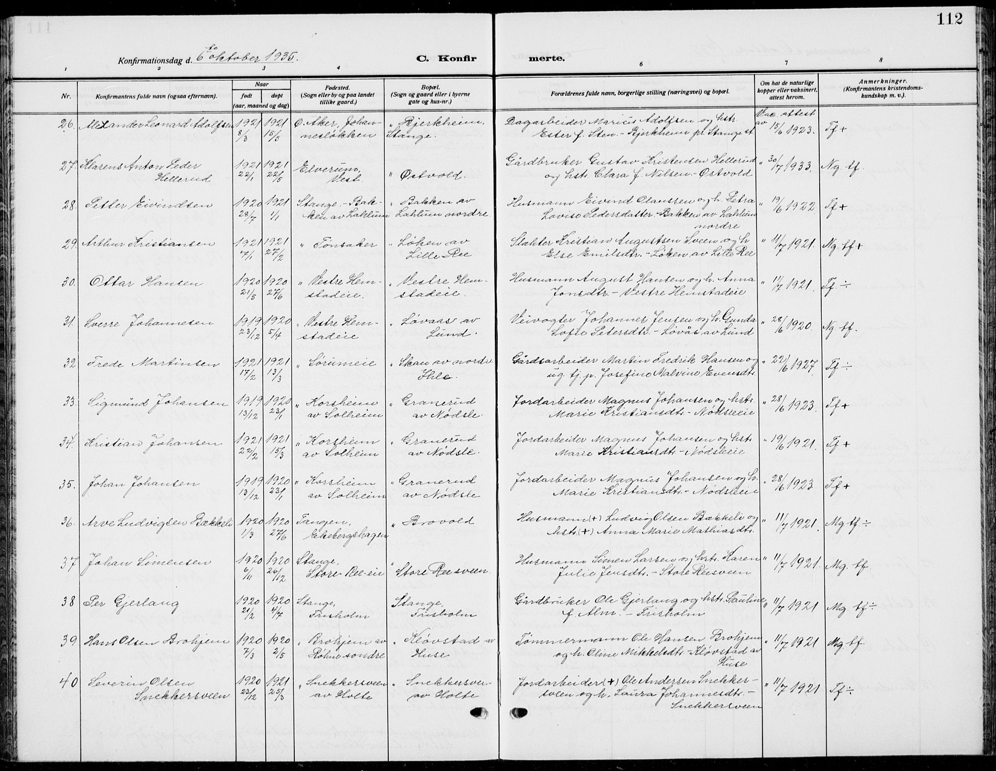 Stange prestekontor, AV/SAH-PREST-002/L/L0018: Parish register (copy) no. 18, 1929-1937, p. 112