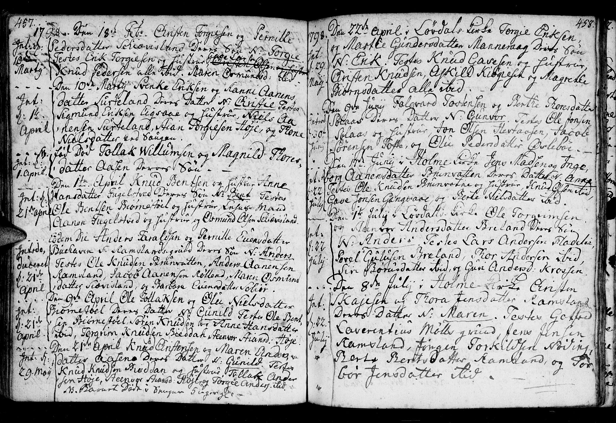 Holum sokneprestkontor, AV/SAK-1111-0022/F/Fa/Fac/L0001: Parish register (official) no. A 1, 1773-1820, p. 457-458