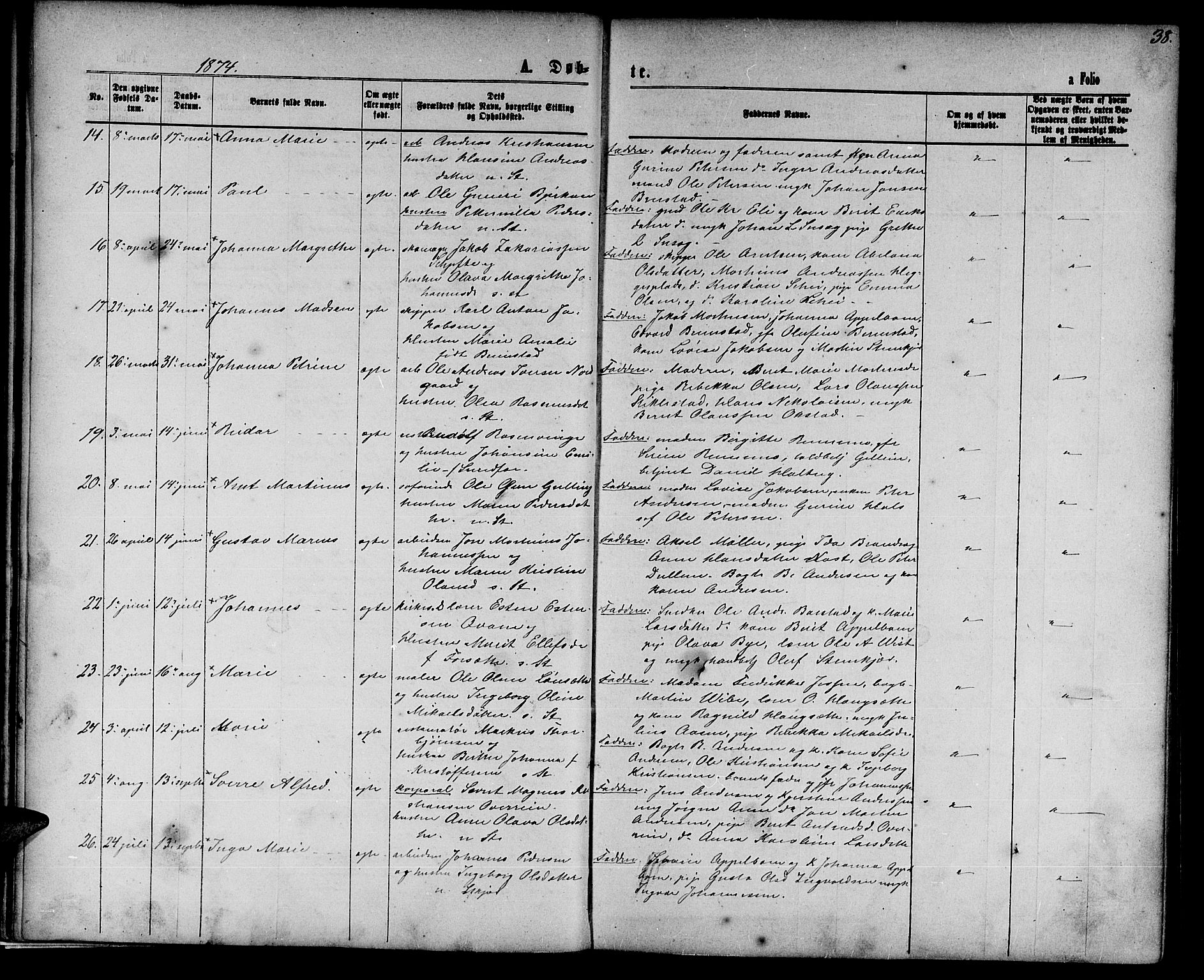 Ministerialprotokoller, klokkerbøker og fødselsregistre - Nord-Trøndelag, SAT/A-1458/739/L0373: Parish register (copy) no. 739C01, 1865-1882, p. 38