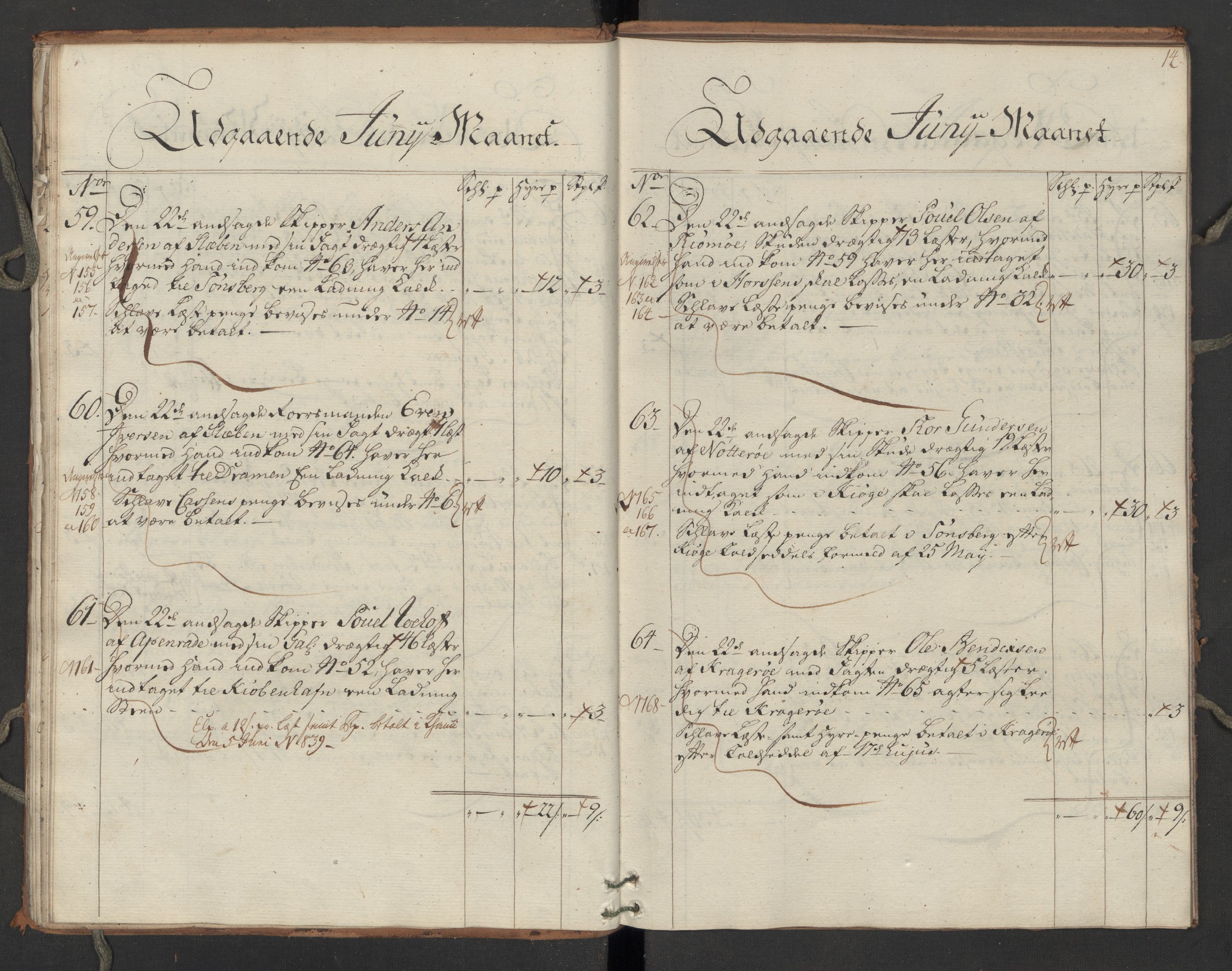 Generaltollkammeret, tollregnskaper, AV/RA-EA-5490/R06/L0064/0002: Tollregnskaper Kristiania / Utgående hovedtollbok Slependen, 1762, p. 13b-14a