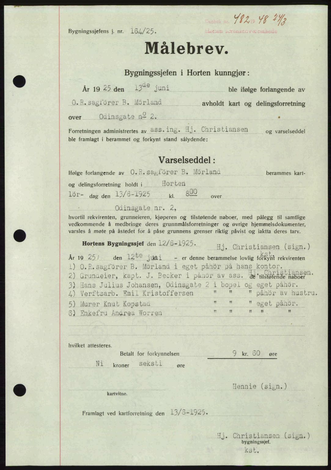 Horten sorenskriveri, AV/SAKO-A-133/G/Ga/Gaa/L0010: Mortgage book no. A-10, 1947-1948, Diary no: : 482/1948