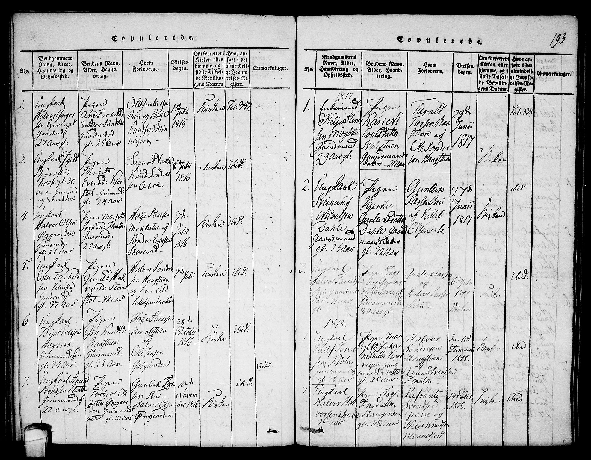 Seljord kirkebøker, SAKO/A-20/F/Fb/L0001: Parish register (official) no. II 1, 1815-1831, p. 193