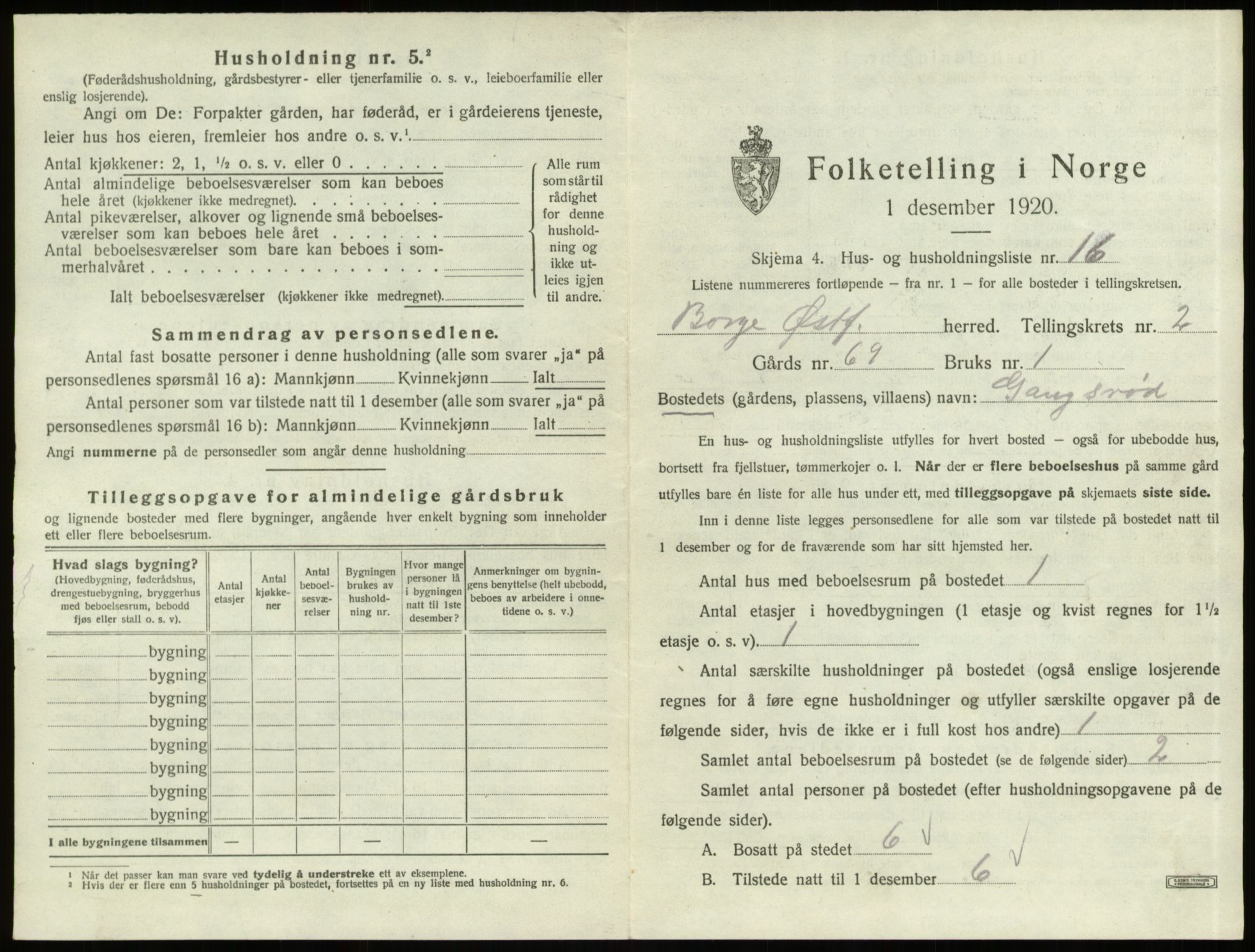 SAO, 1920 census for Borge, 1920, p. 262