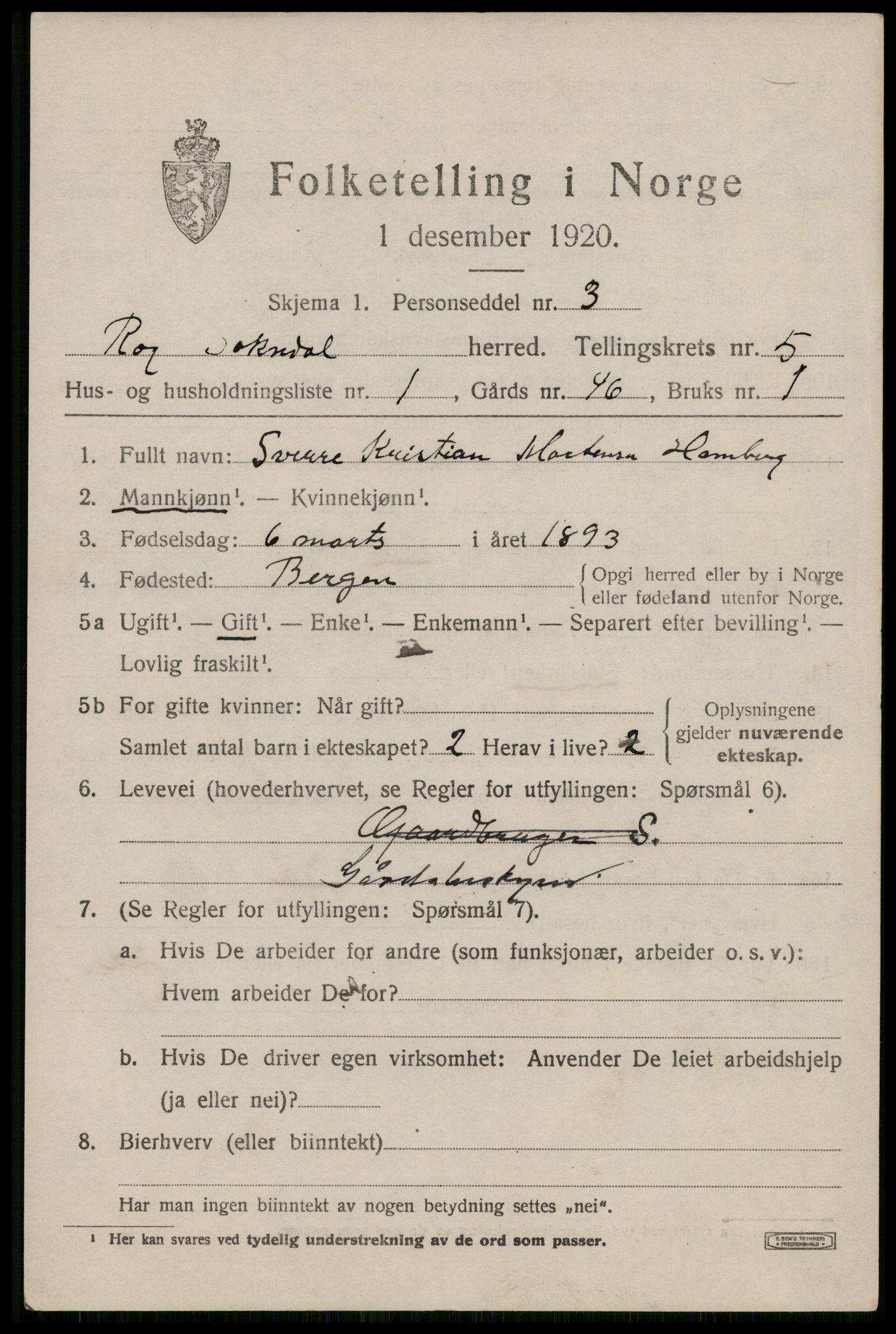 SAST, 1920 census for Sokndal, 1920, p. 3247