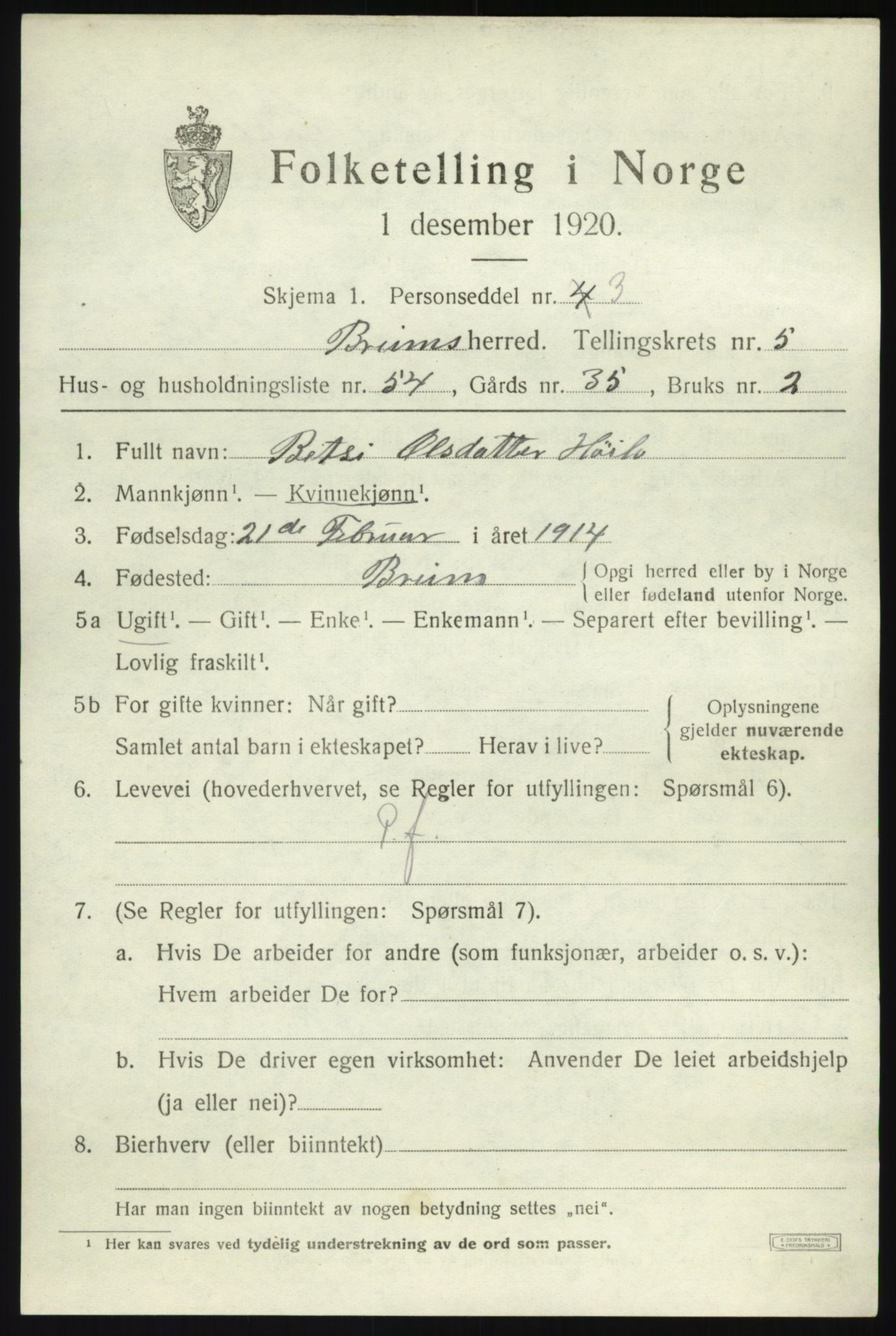 SAB, 1920 census for Breim, 1920, p. 3467