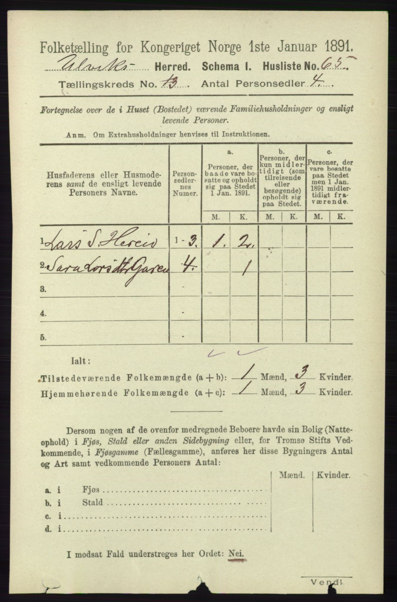 RA, 1891 census for 1233 Ulvik, 1891, p. 3892