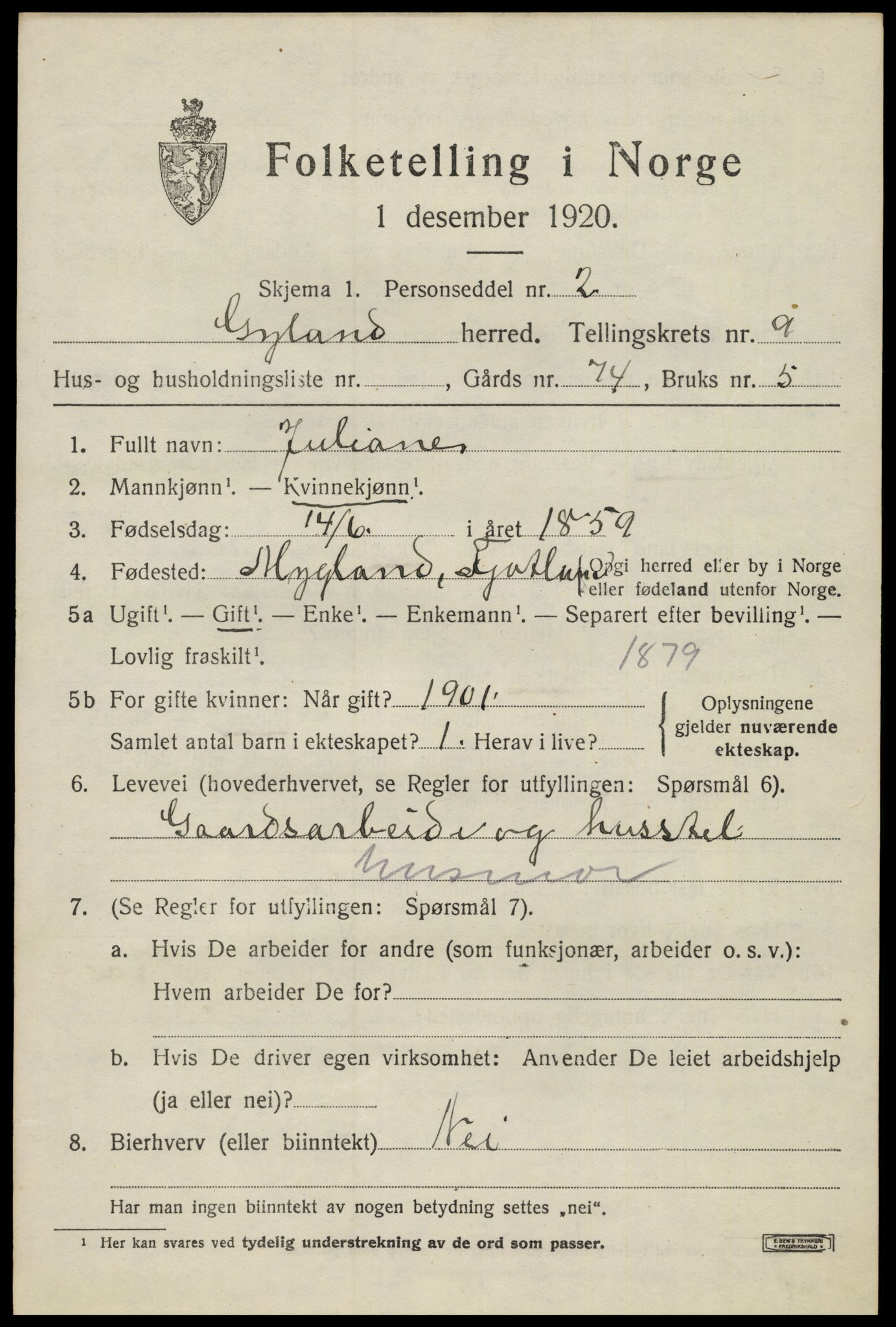 SAK, 1920 census for Gyland, 1920, p. 2106