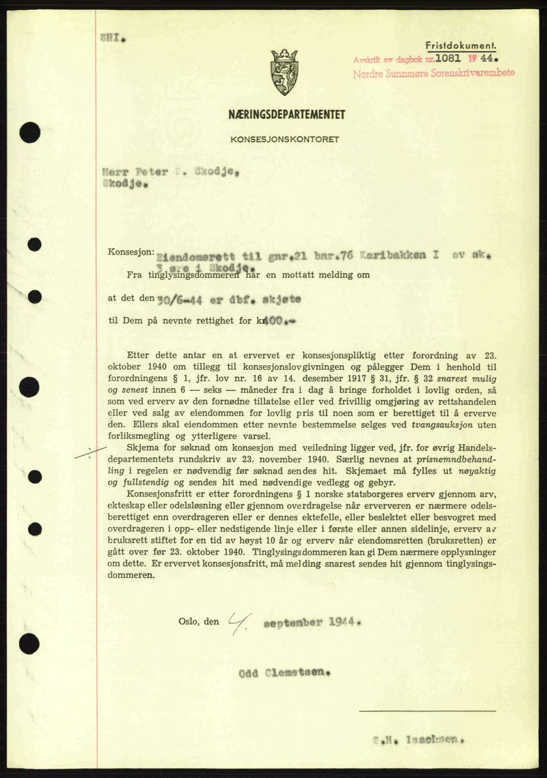 Nordre Sunnmøre sorenskriveri, SAT/A-0006/1/2/2C/2Ca: Mortgage book no. B6-14 a, 1942-1945, Diary no: : 1081/1944