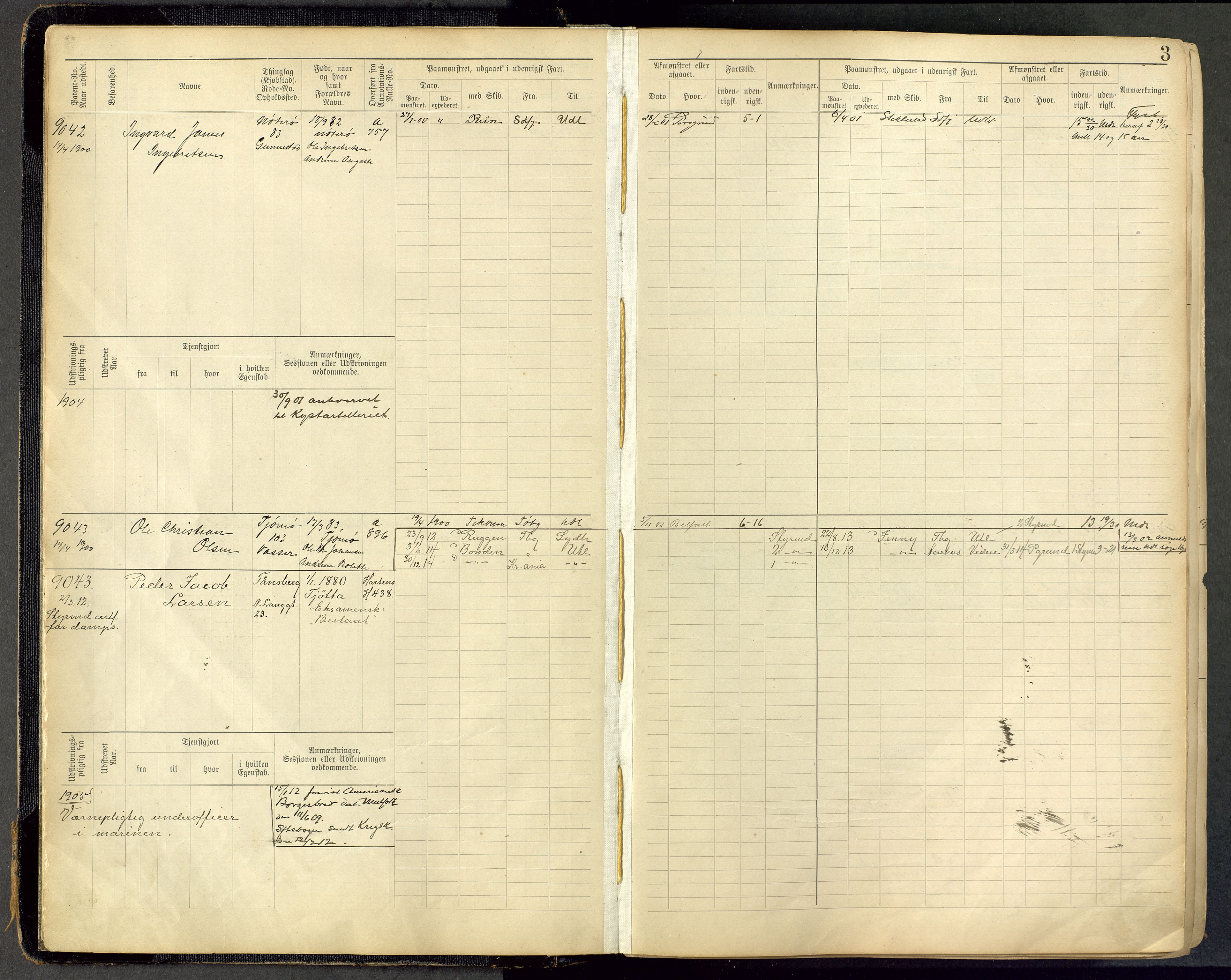 Tønsberg innrulleringskontor, AV/SAKO-A-786/F/Fc/Fca/L0011: Hovedrulle Patent nr. 9038-9992, 1900-1912, p. 3