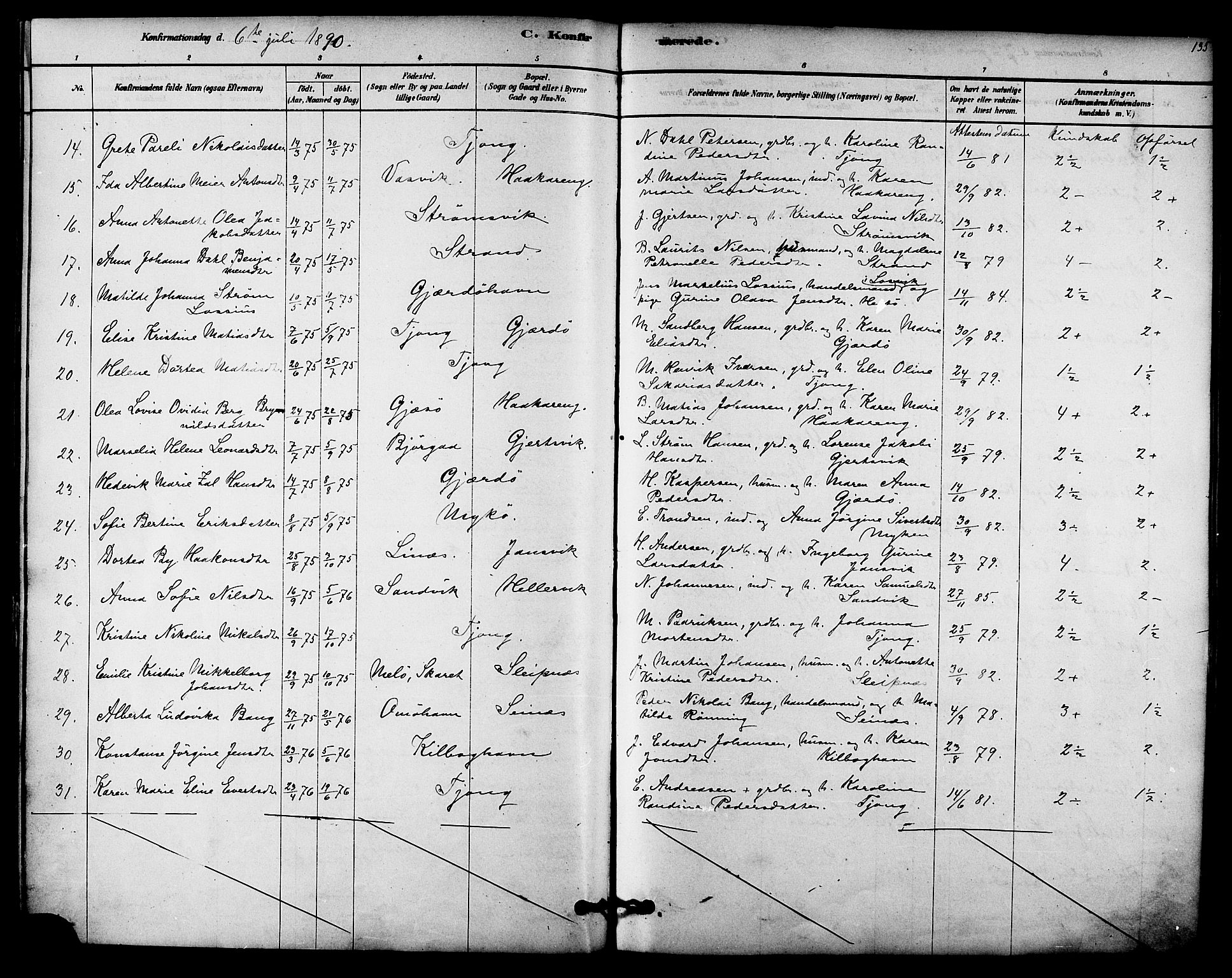 Ministerialprotokoller, klokkerbøker og fødselsregistre - Nordland, AV/SAT-A-1459/841/L0609: Parish register (official) no. 841A12, 1878-1901, p. 135