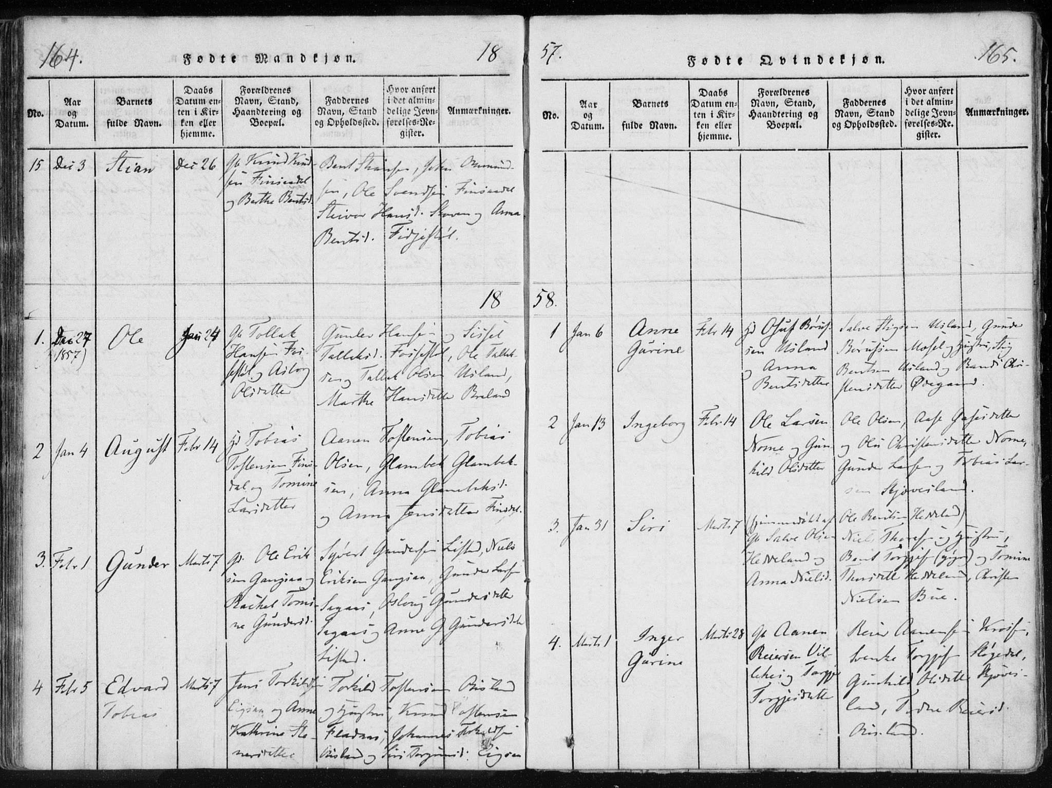 Holum sokneprestkontor, AV/SAK-1111-0022/F/Fa/Fac/L0002: Parish register (official) no. A 2, 1821-1859, p. 164-165