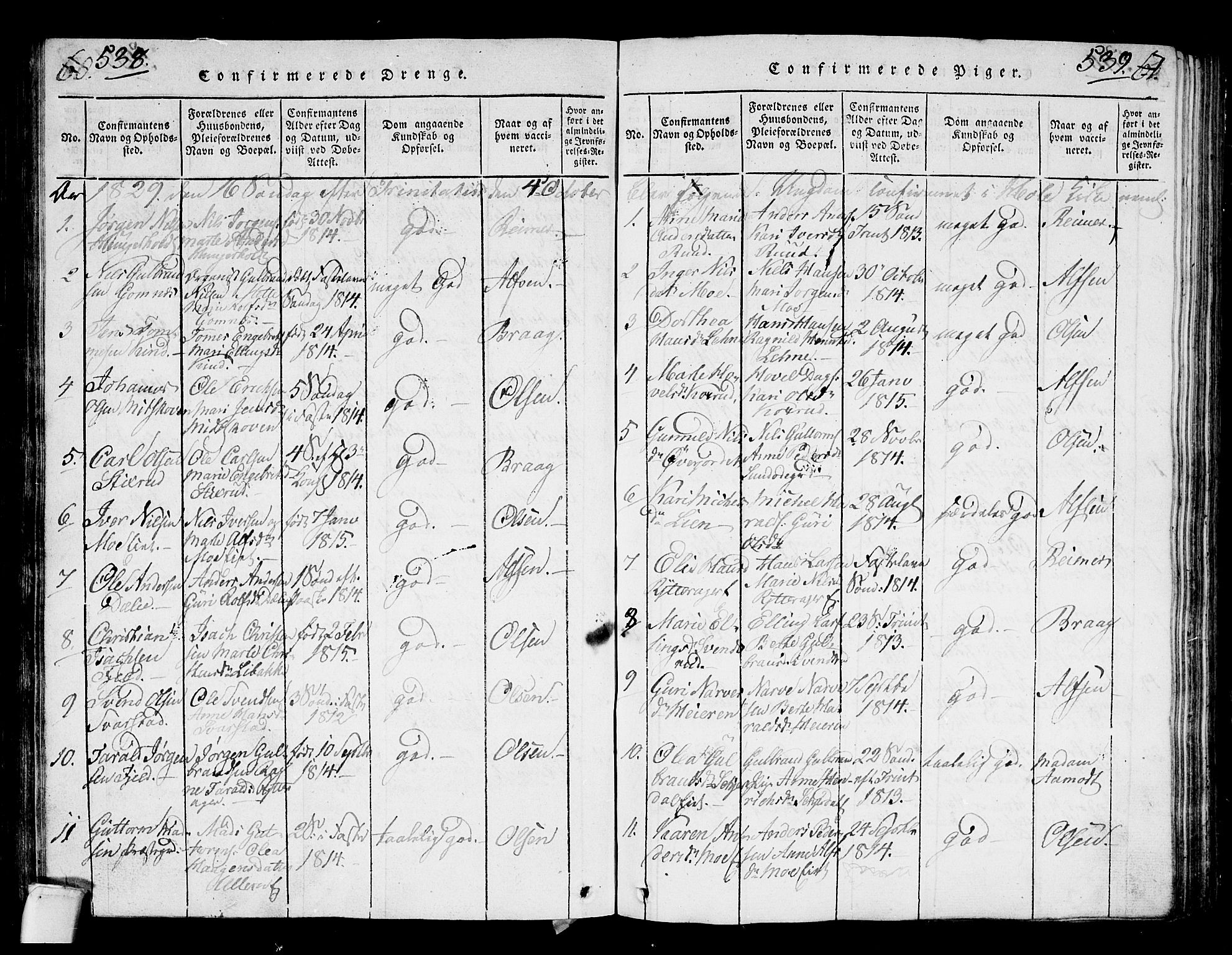 Hole kirkebøker, SAKO/A-228/G/Ga/L0001: Parish register (copy) no. I 1, 1814-1842, p. 538-539