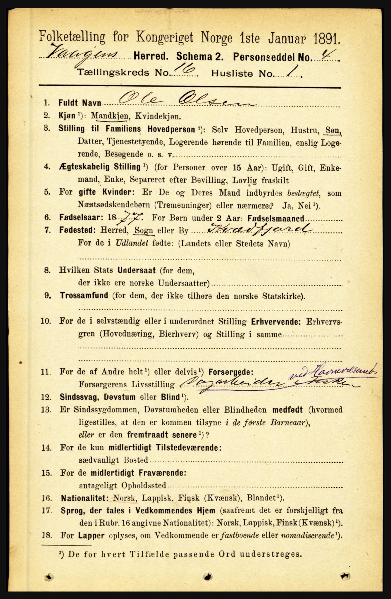 RA, 1891 census for 1865 Vågan, 1891, p. 4570