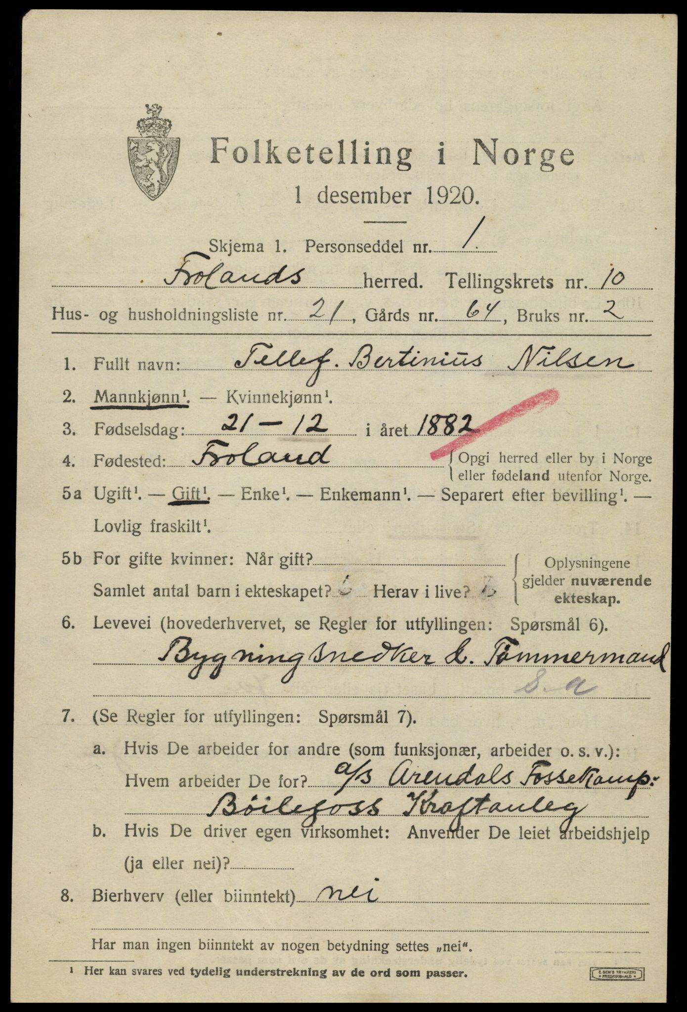 SAK, 1920 census for Froland, 1920, p. 5523