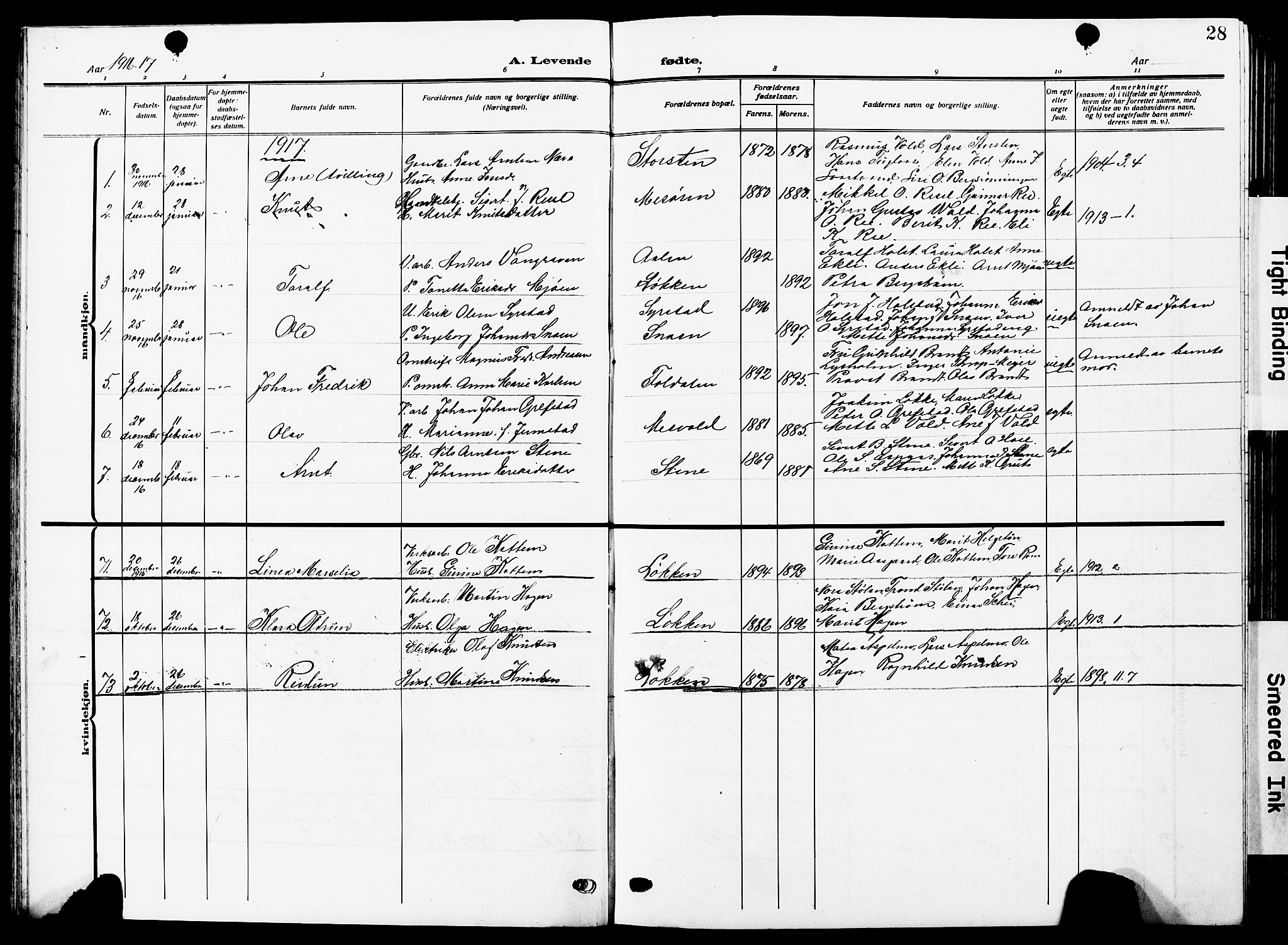 Ministerialprotokoller, klokkerbøker og fødselsregistre - Sør-Trøndelag, AV/SAT-A-1456/672/L0865: Parish register (copy) no. 672C04, 1914-1928, p. 28