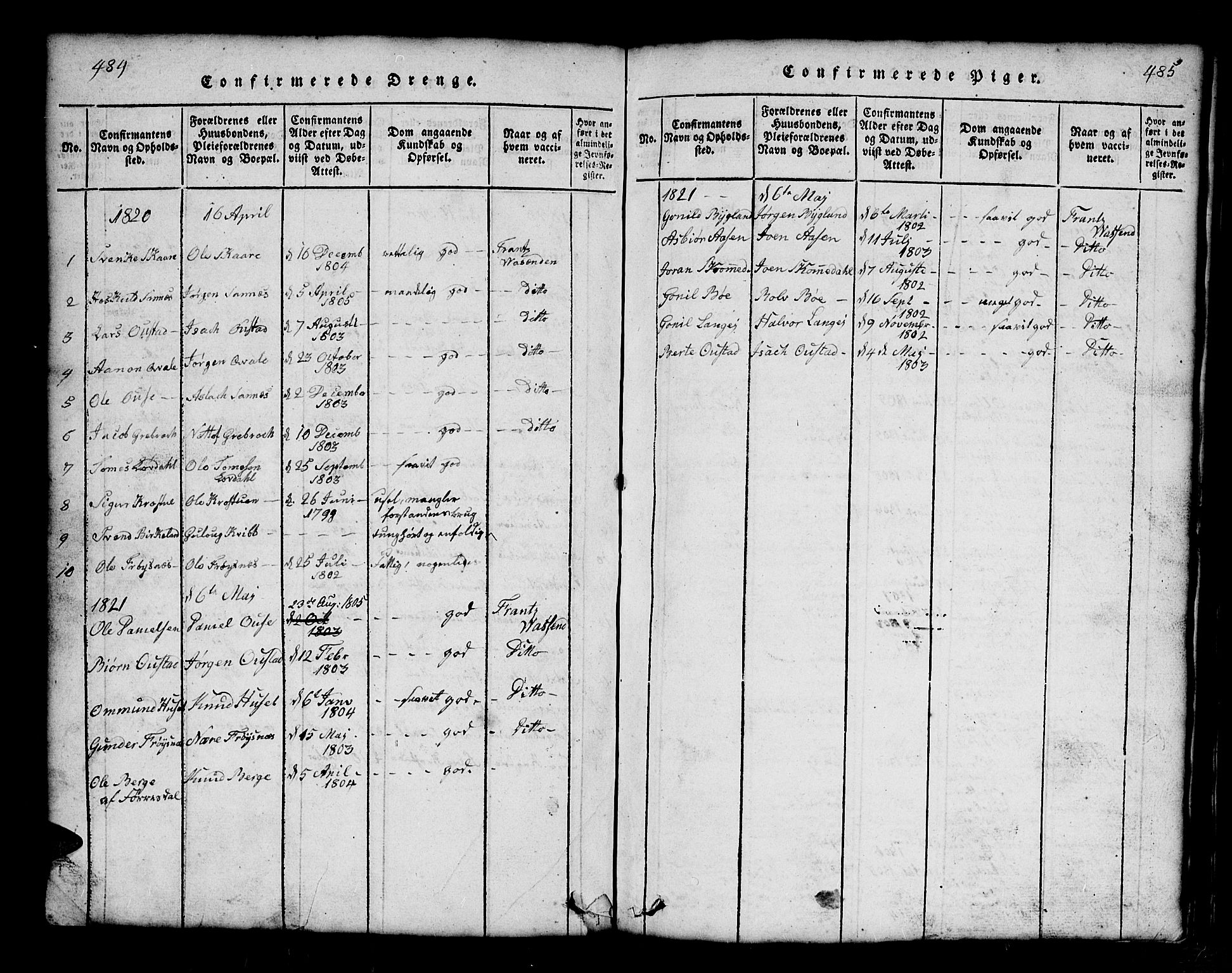 Bygland sokneprestkontor, AV/SAK-1111-0006/F/Fb/Fbb/L0001: Parish register (copy) no. B 1, 1816-1843, p. 485-486