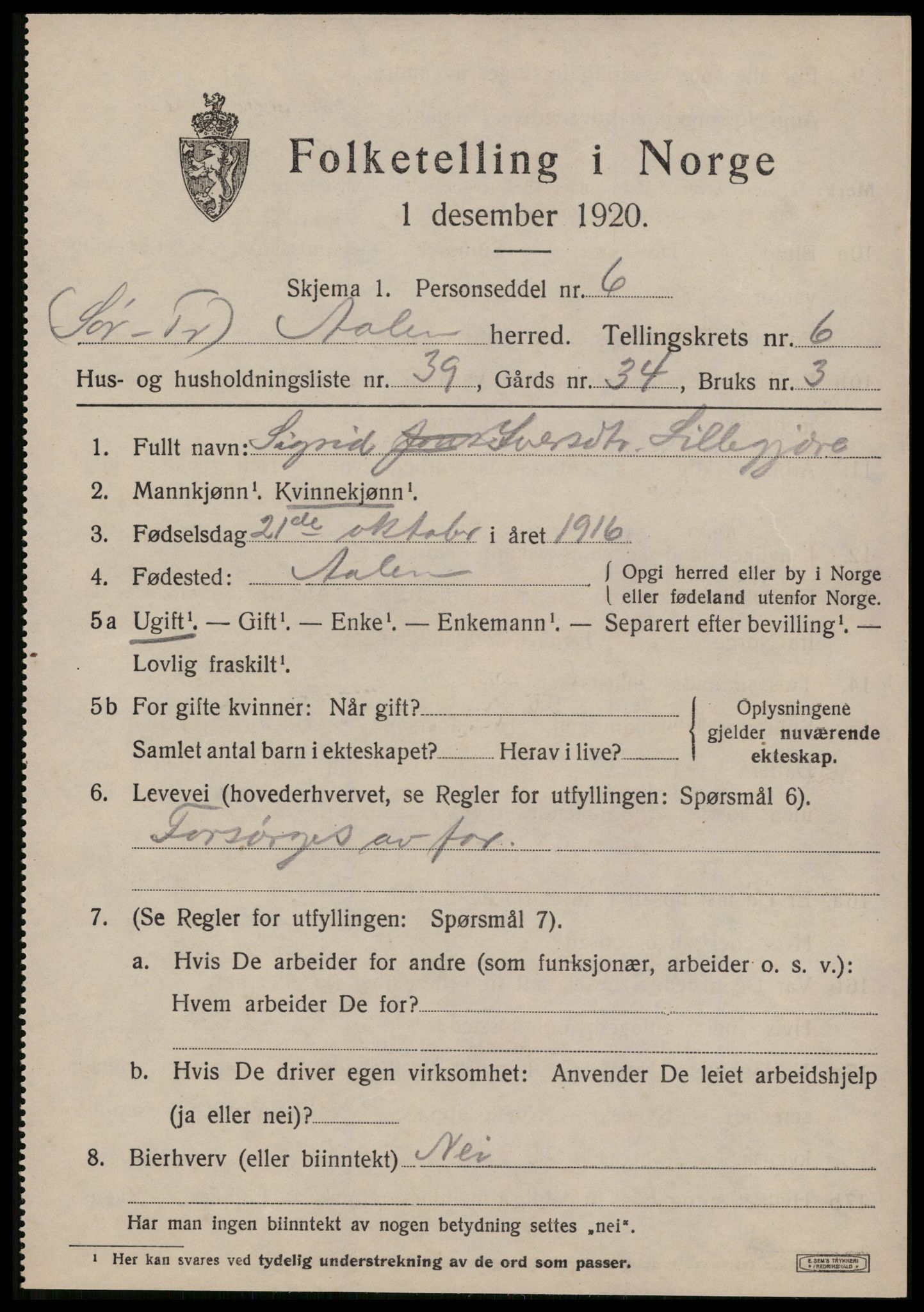 SAT, 1920 census for Ålen, 1920, p. 3364