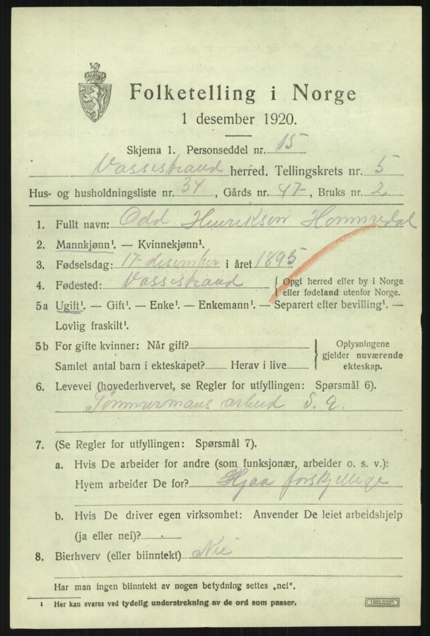 SAB, 1920 census for Vossestrand, 1920, p. 2814