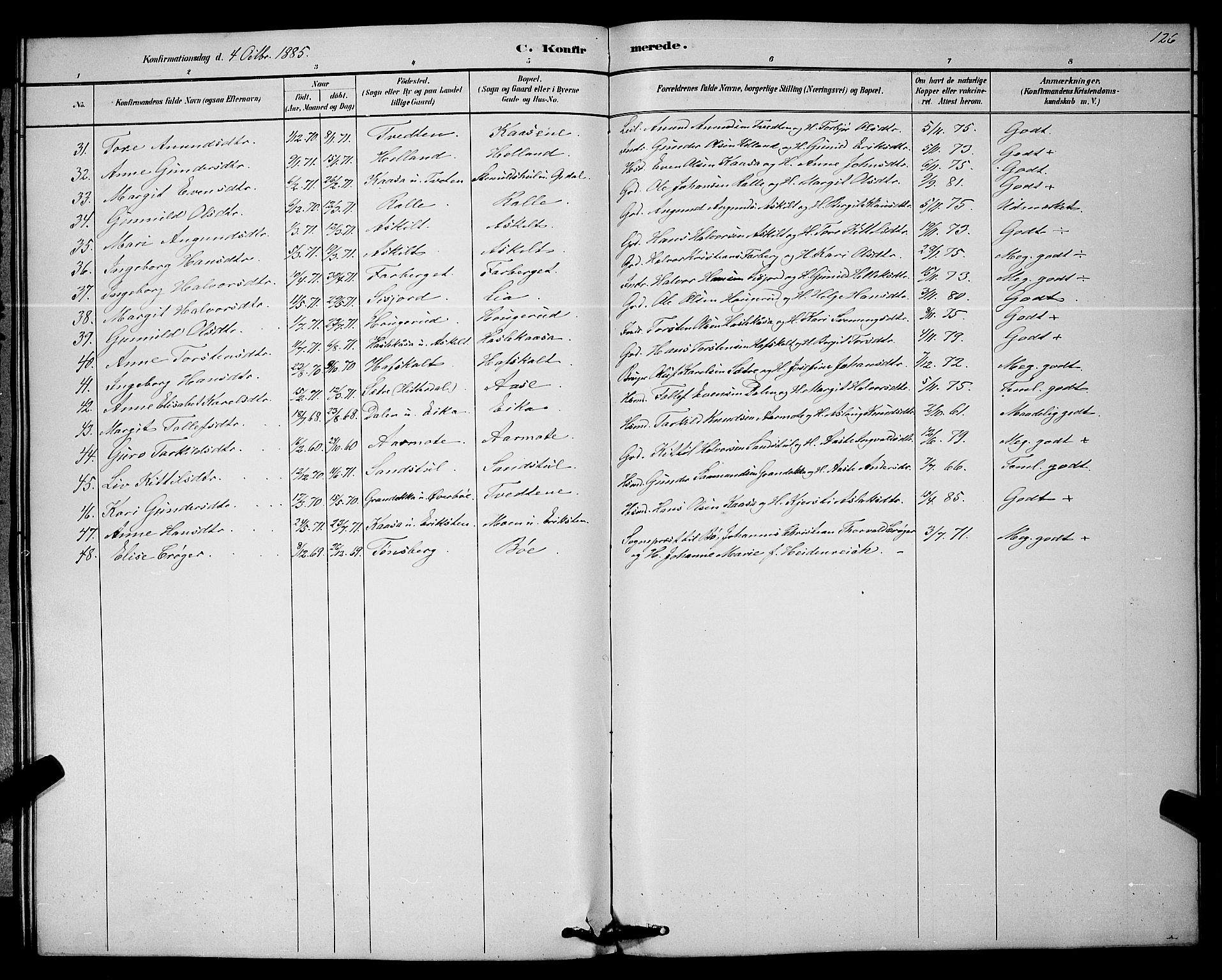 Bø kirkebøker, SAKO/A-257/G/Ga/L0005: Parish register (copy) no. 5, 1883-1897, p. 126