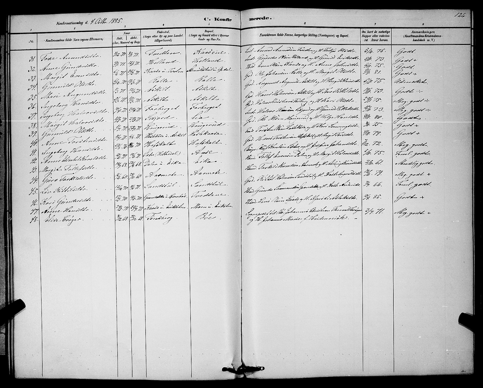 Bø kirkebøker, AV/SAKO-A-257/G/Ga/L0005: Parish register (copy) no. 5, 1883-1897, p. 126