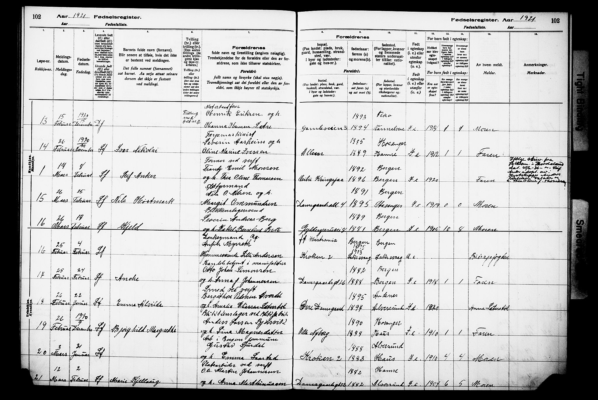 Laksevåg Sokneprestembete, AV/SAB-A-76501/I/Id/L00A1: Birth register no. A 1, 1916-1926, p. 102