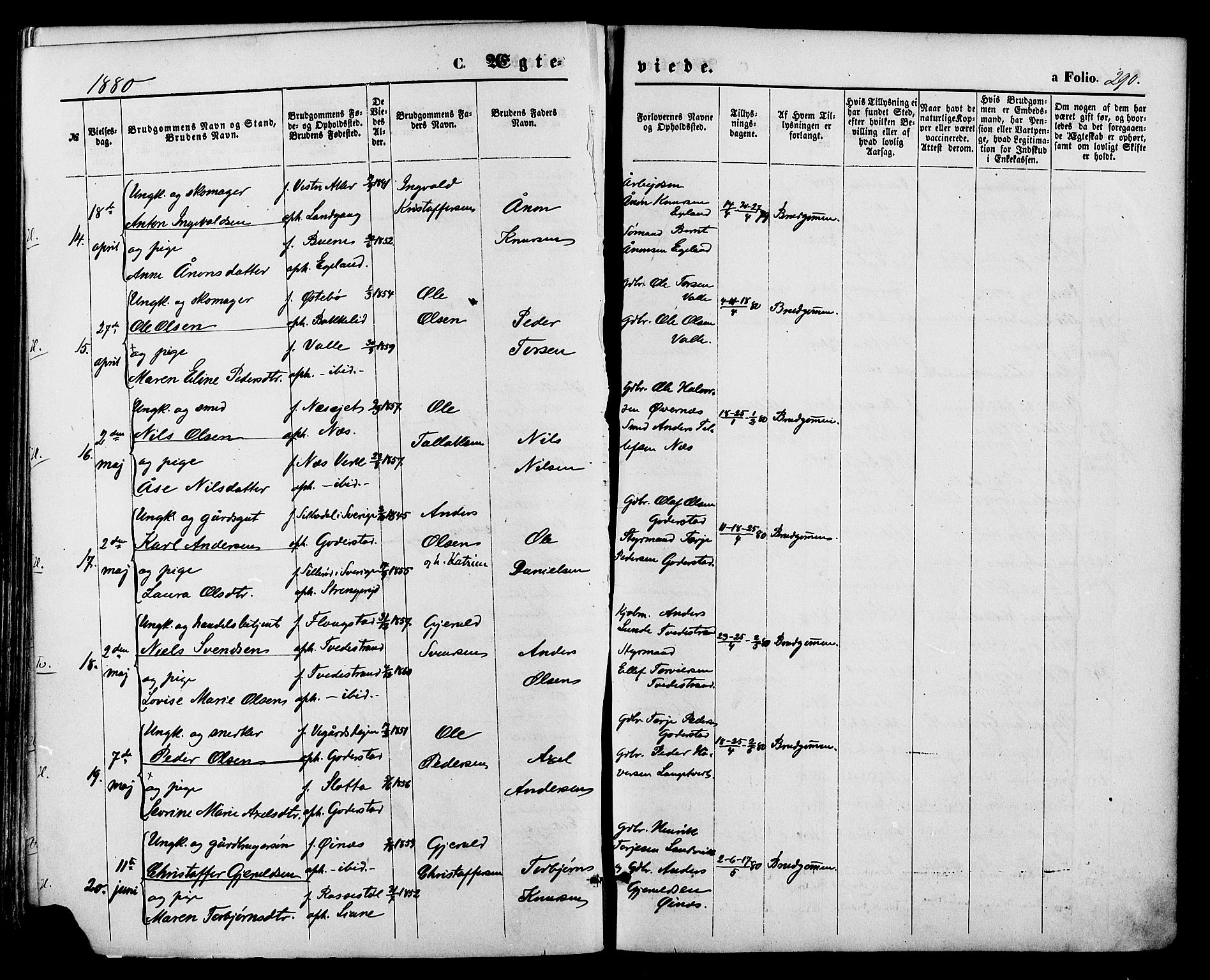 Holt sokneprestkontor, AV/SAK-1111-0021/F/Fa/L0010: Parish register (official) no. A 10, 1872-1885, p. 290