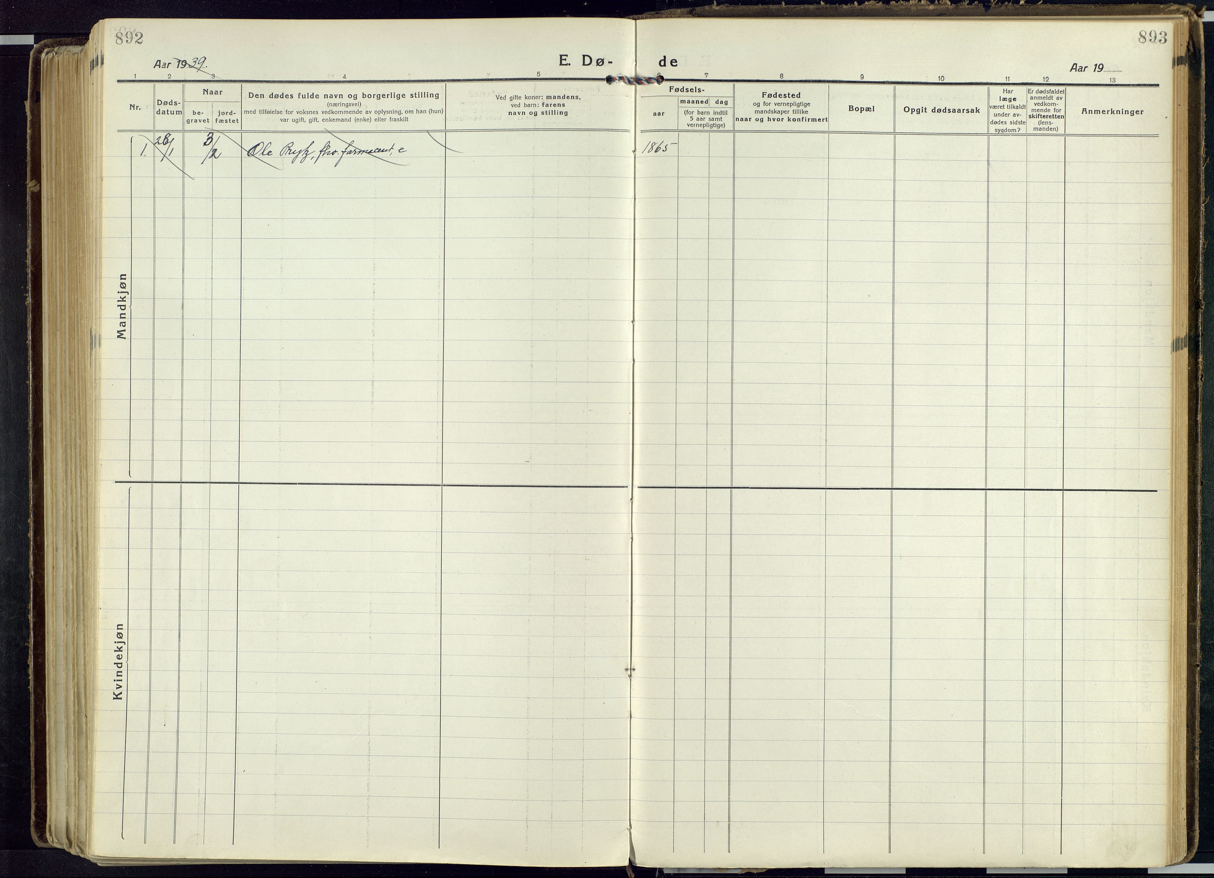 Vang prestekontor, Hedmark, SAH/PREST-008/H/Ha/Haa/L0022: Parish register (official) no. 22, 1918-1944, p. 892-893