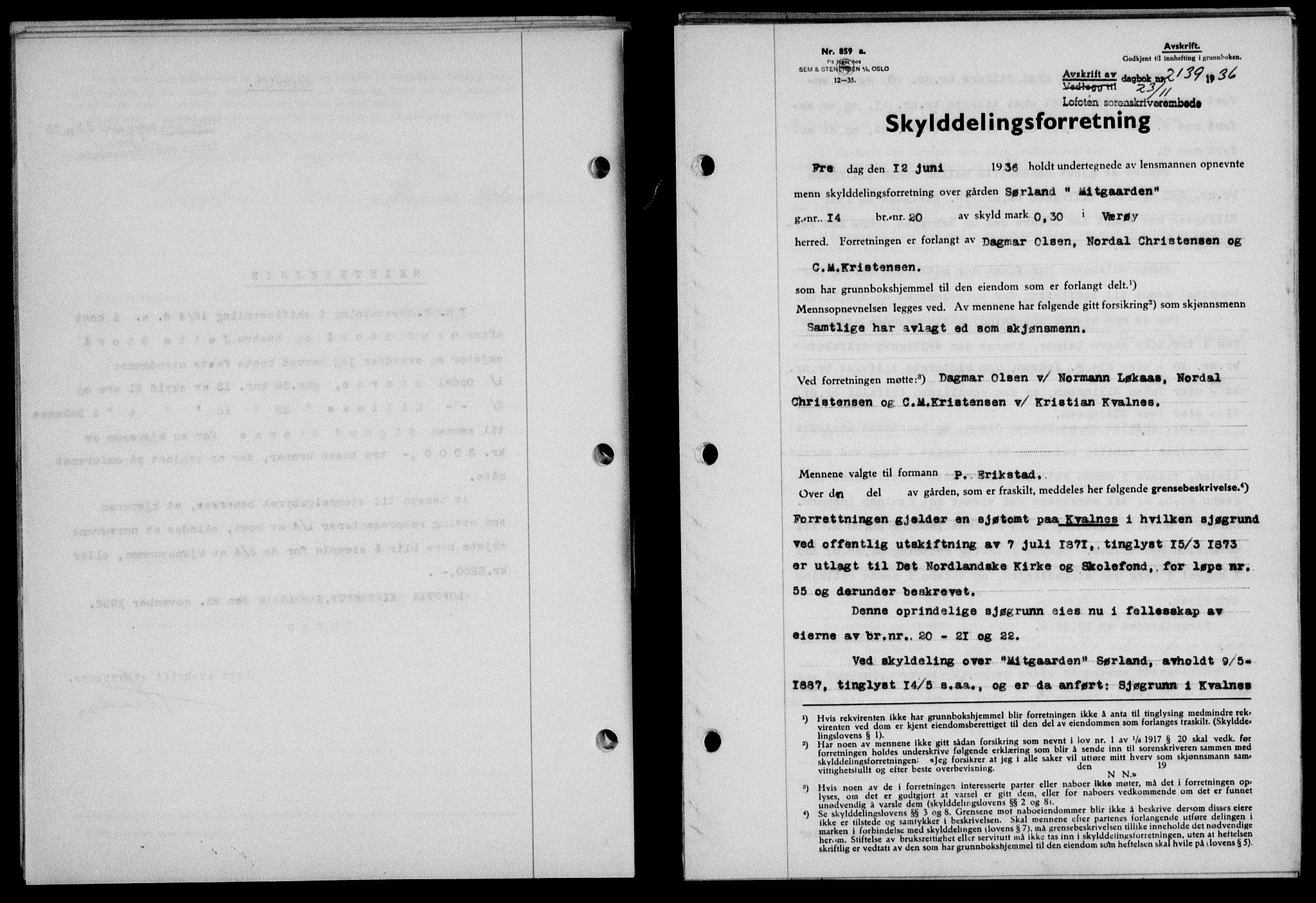 Lofoten sorenskriveri, SAT/A-0017/1/2/2C/L0001a: Mortgage book no. 1a, 1936-1937, Diary no: : 2139/1936