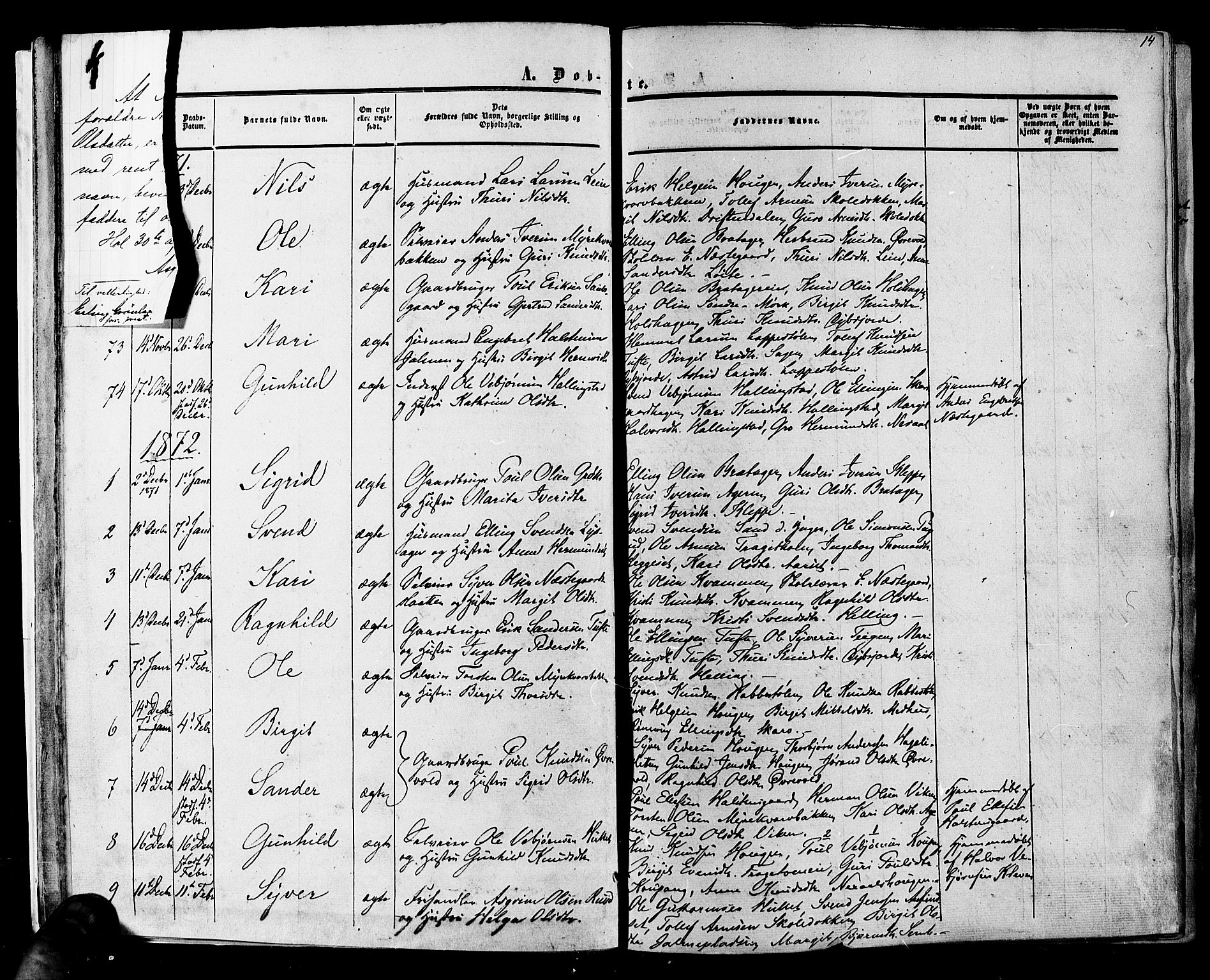 Hol kirkebøker, AV/SAKO-A-227/F/Fa/L0002: Parish register (official) no. I 2, 1870-1886, p. 14