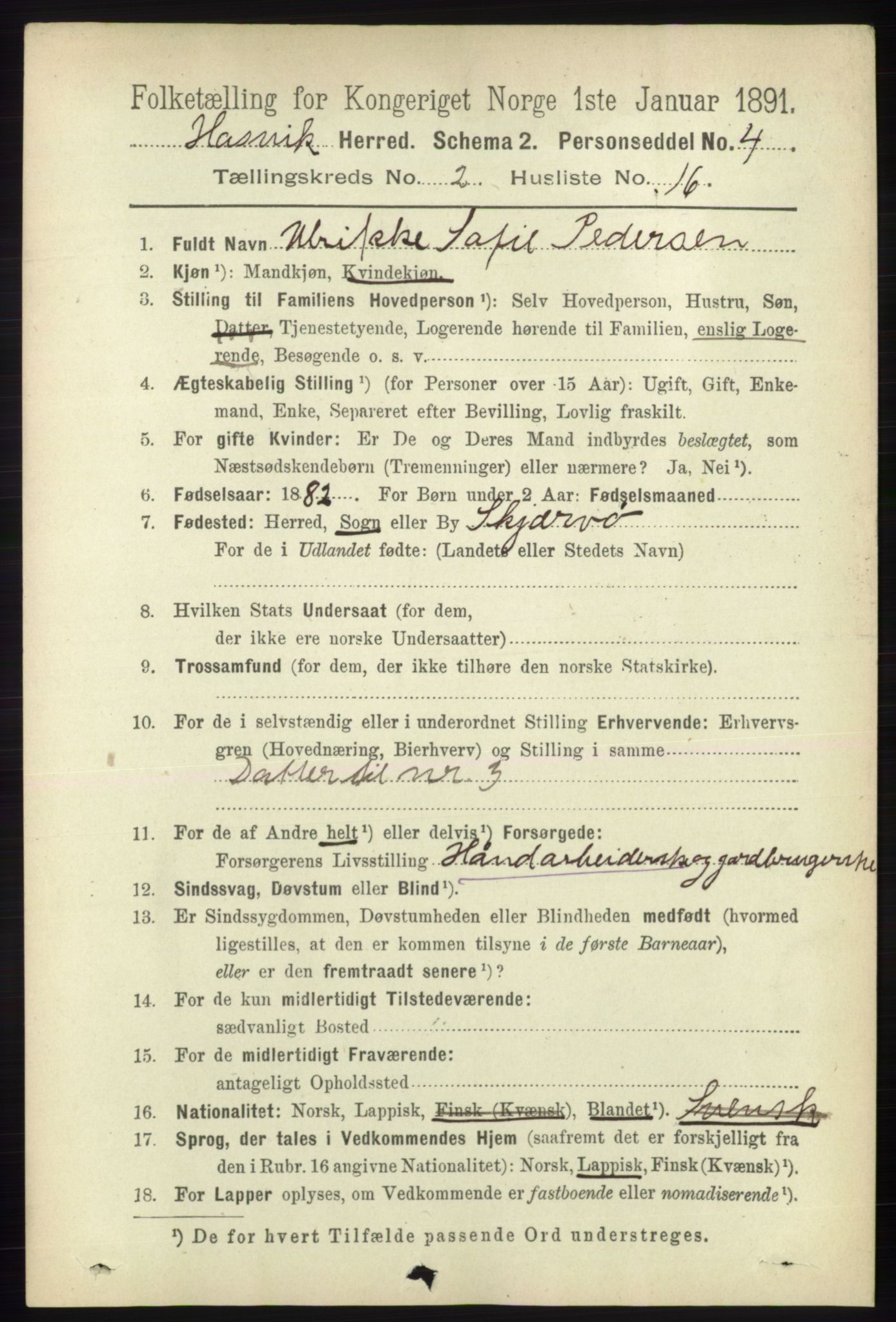 RA, 1891 census for 2015 Hasvik, 1891, p. 383