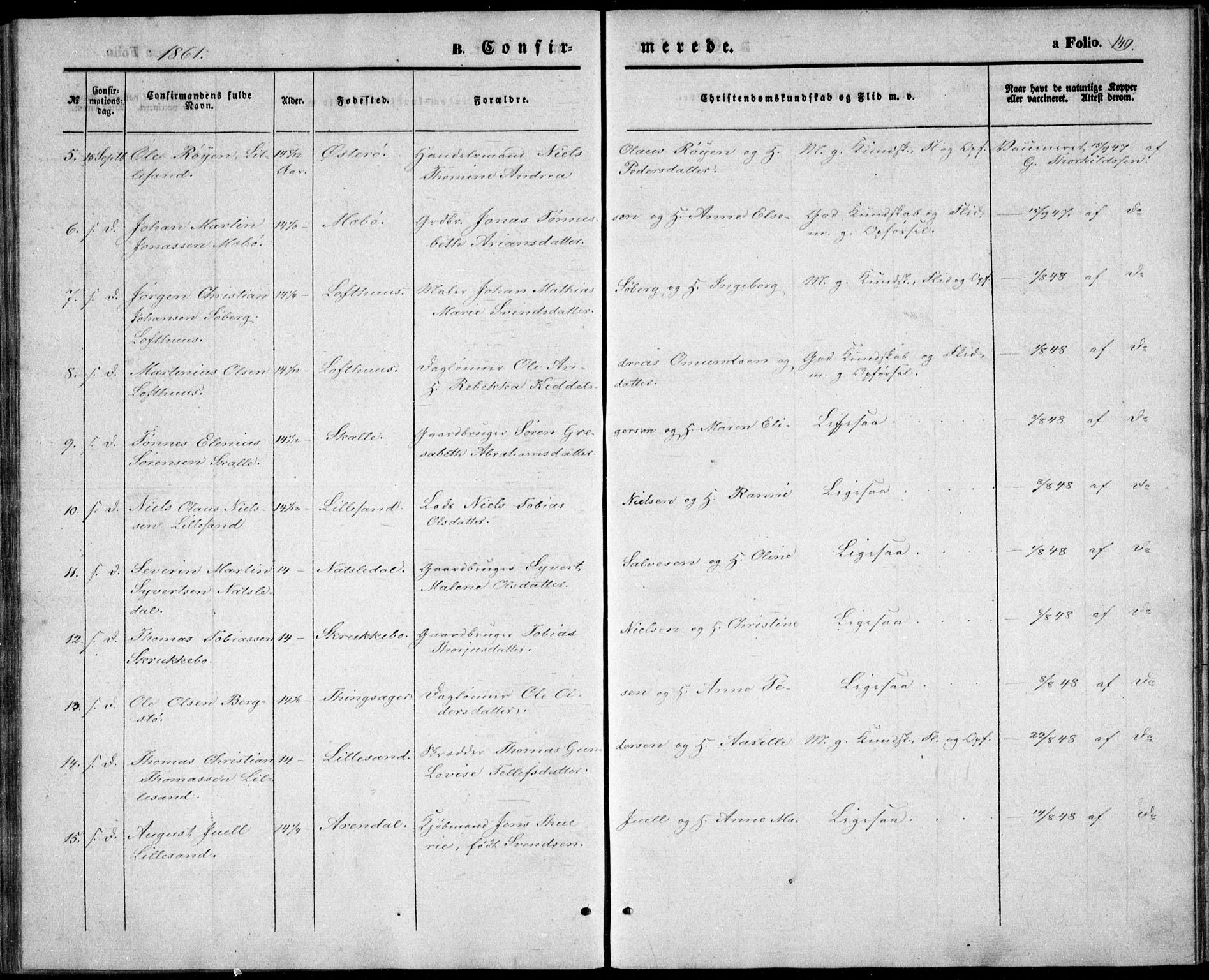 Vestre Moland sokneprestkontor, SAK/1111-0046/F/Fb/Fbb/L0003: Parish register (copy) no. B 3, 1851-1861, p. 149