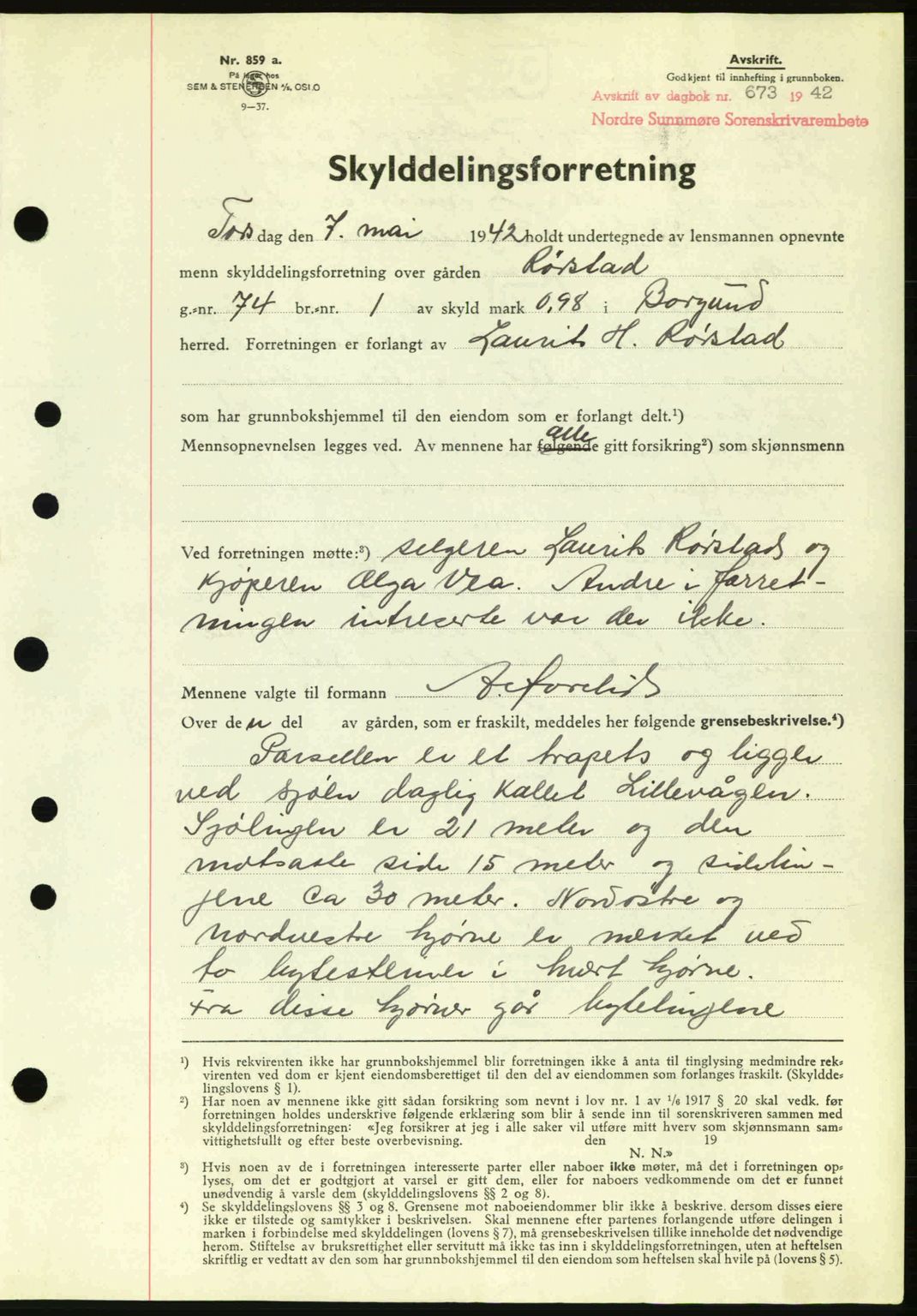 Nordre Sunnmøre sorenskriveri, AV/SAT-A-0006/1/2/2C/2Ca: Mortgage book no. A13, 1942-1942, Diary no: : 673/1942