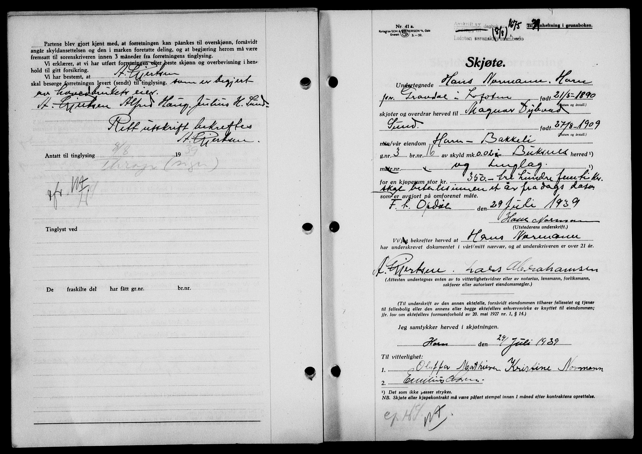 Lofoten sorenskriveri, SAT/A-0017/1/2/2C/L0006a: Mortgage book no. 6a, 1939-1939, Diary no: : 1675/1939