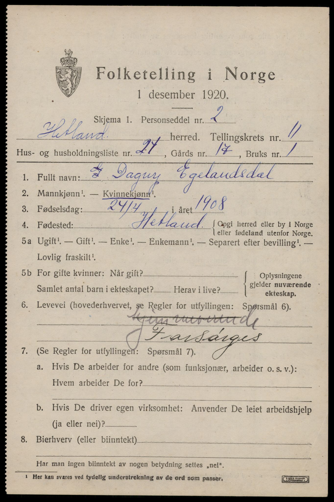 SAST, 1920 census for Hetland, 1920, p. 20281