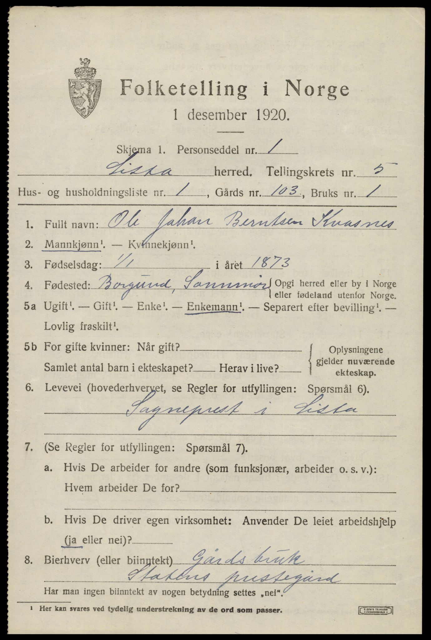 SAK, 1920 census for Lista, 1920, p. 5505