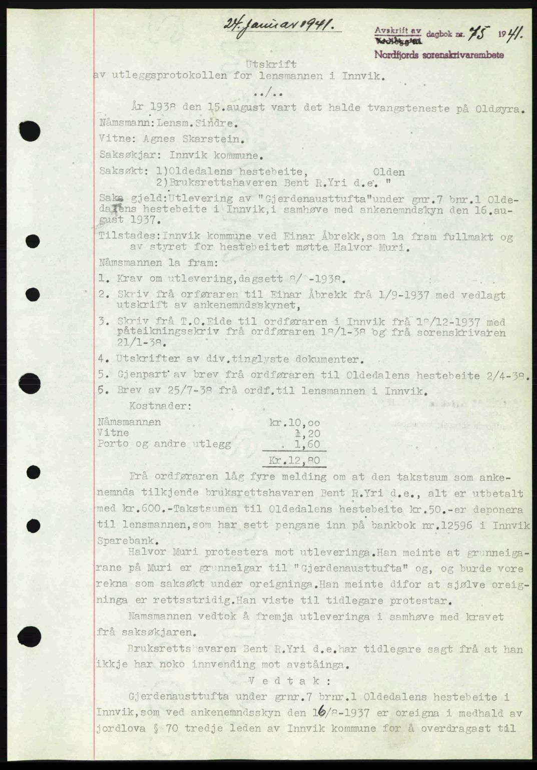 Nordfjord sorenskriveri, AV/SAB-A-2801/02/02b/02bj/L0006: Mortgage book no. A6, 1940-1941, Diary no: : 75/1941