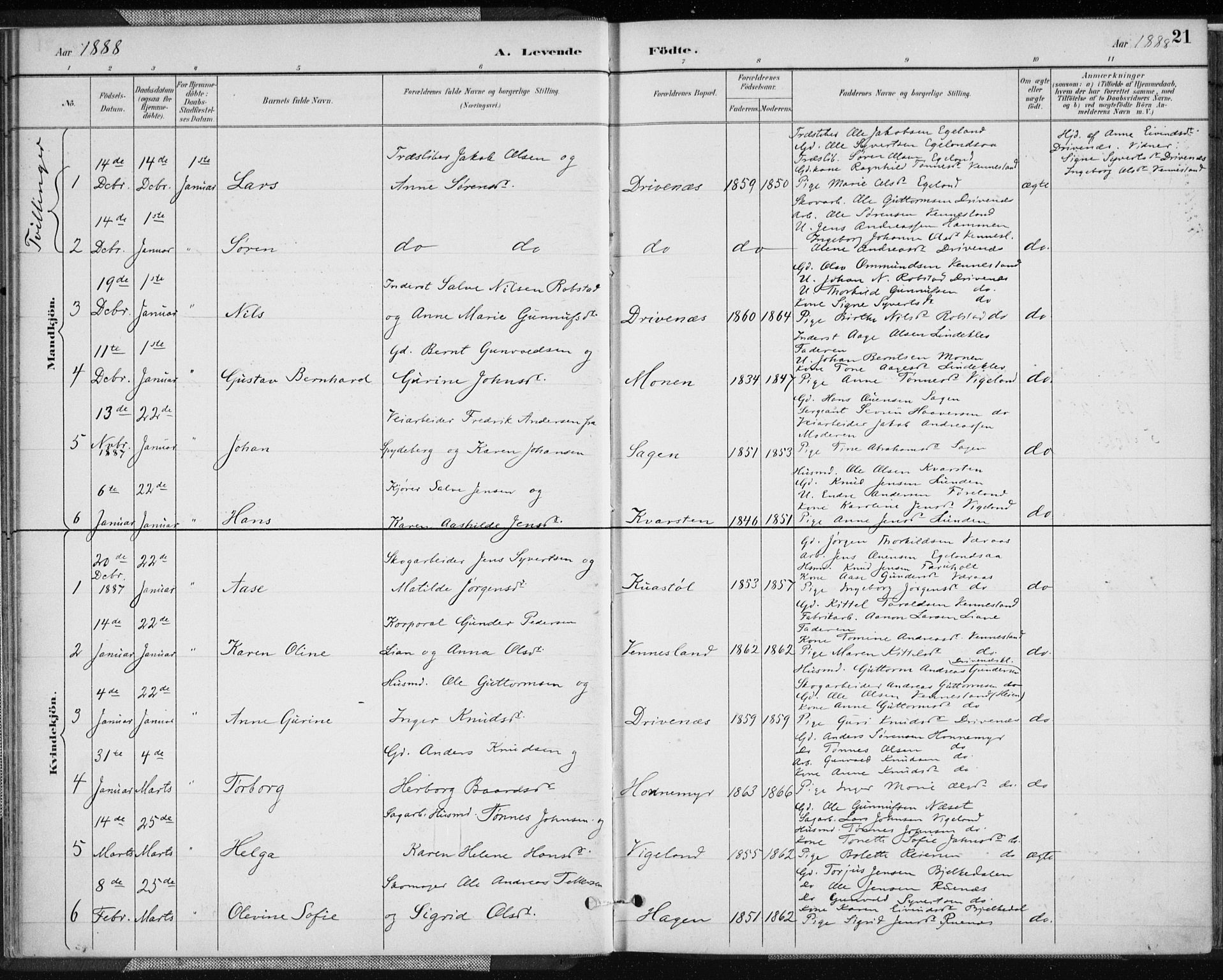 Vennesla sokneprestkontor, AV/SAK-1111-0045/Fa/Fab/L0004: Parish register (official) no. A 4, 1884-1896, p. 21